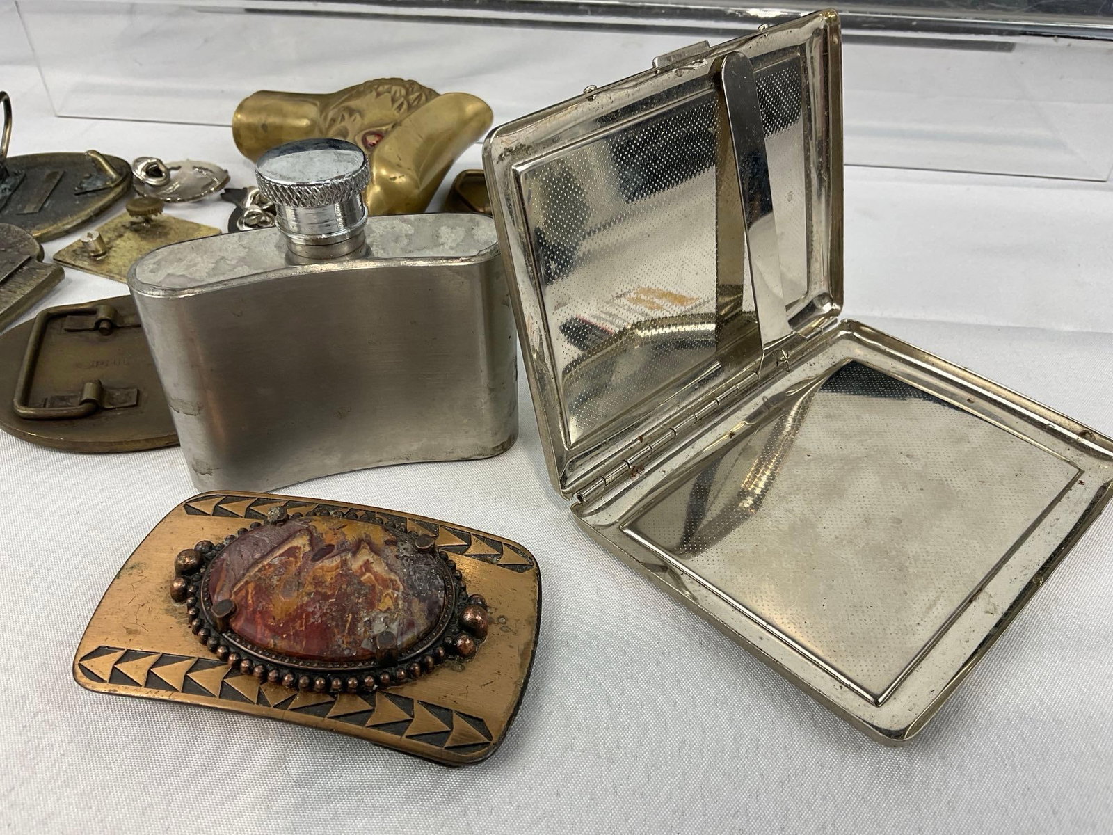 Brass Belt Buckles, Hawk Cane Handle, Harley Davidson chips, 2 Casino Chips, Ace Cigarette Holder & - 7