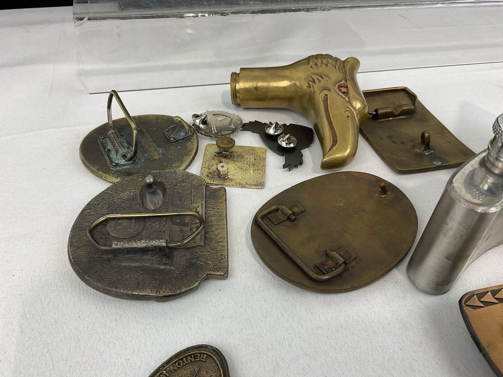 Brass Belt Buckles, Hawk Cane Handle, Harley Davidson chips, 2 Casino Chips, Ace Cigarette Holder & - 8