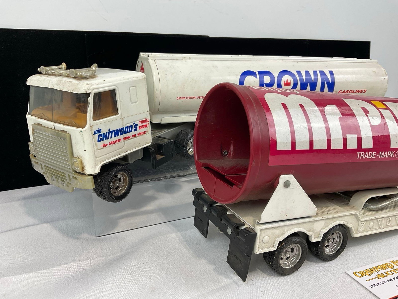Pair of Tractor Trailers, Mr. Pibb & Crown Gasolines, Joie Chitwoods Thrill Show, approx 1/24 scale - 2