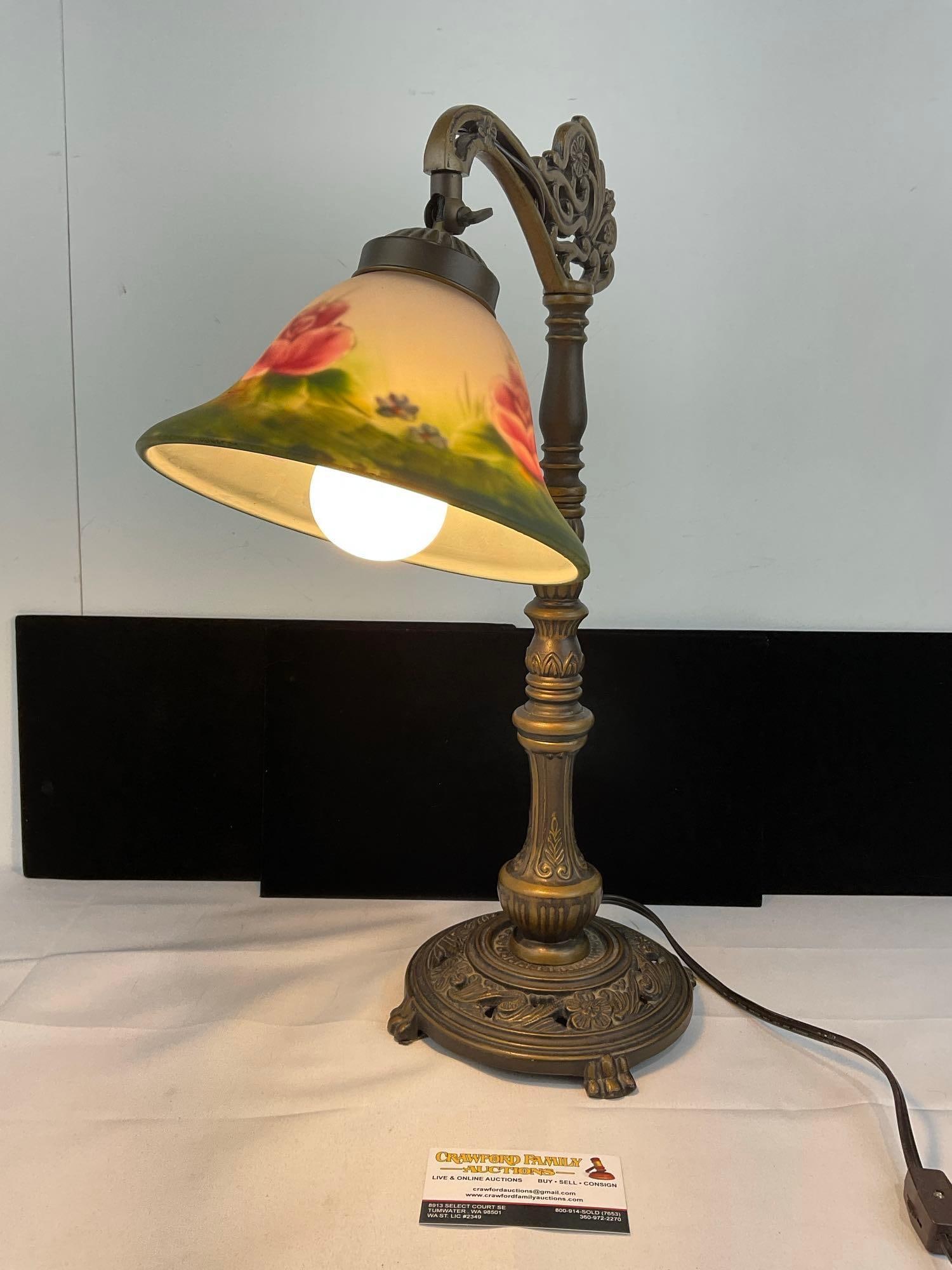 Vintage Reverse Painted Shade Bridge Arm Table Lamp, Victorian Style, cast metal, tested & working: Appears to be in good shape. The piece measures approx 20h x 13w x 8d inches. See pics. E-5940