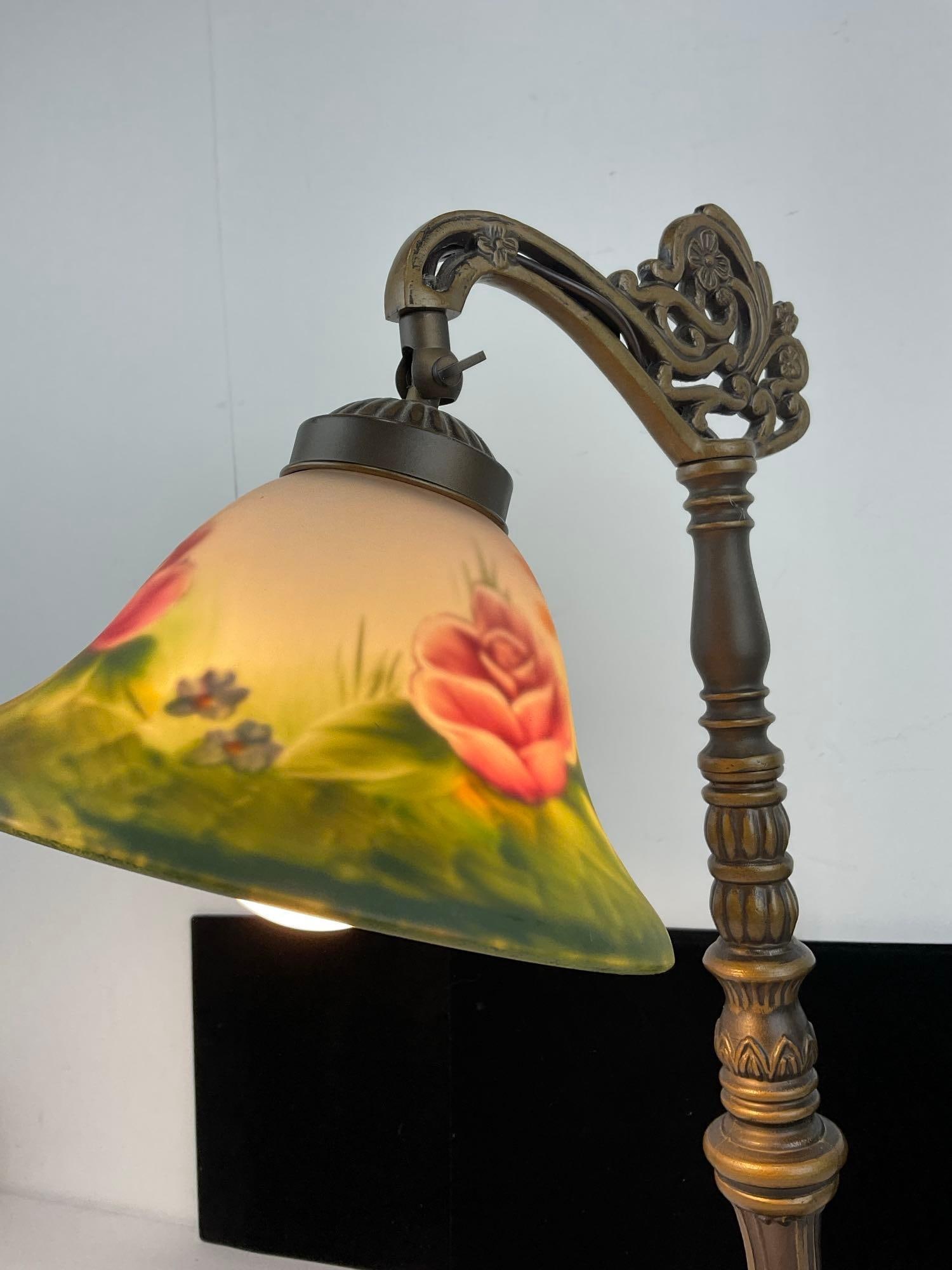 Vintage Reverse Painted Shade Bridge Arm Table Lamp, Victorian Style, cast metal, tested & working - 2