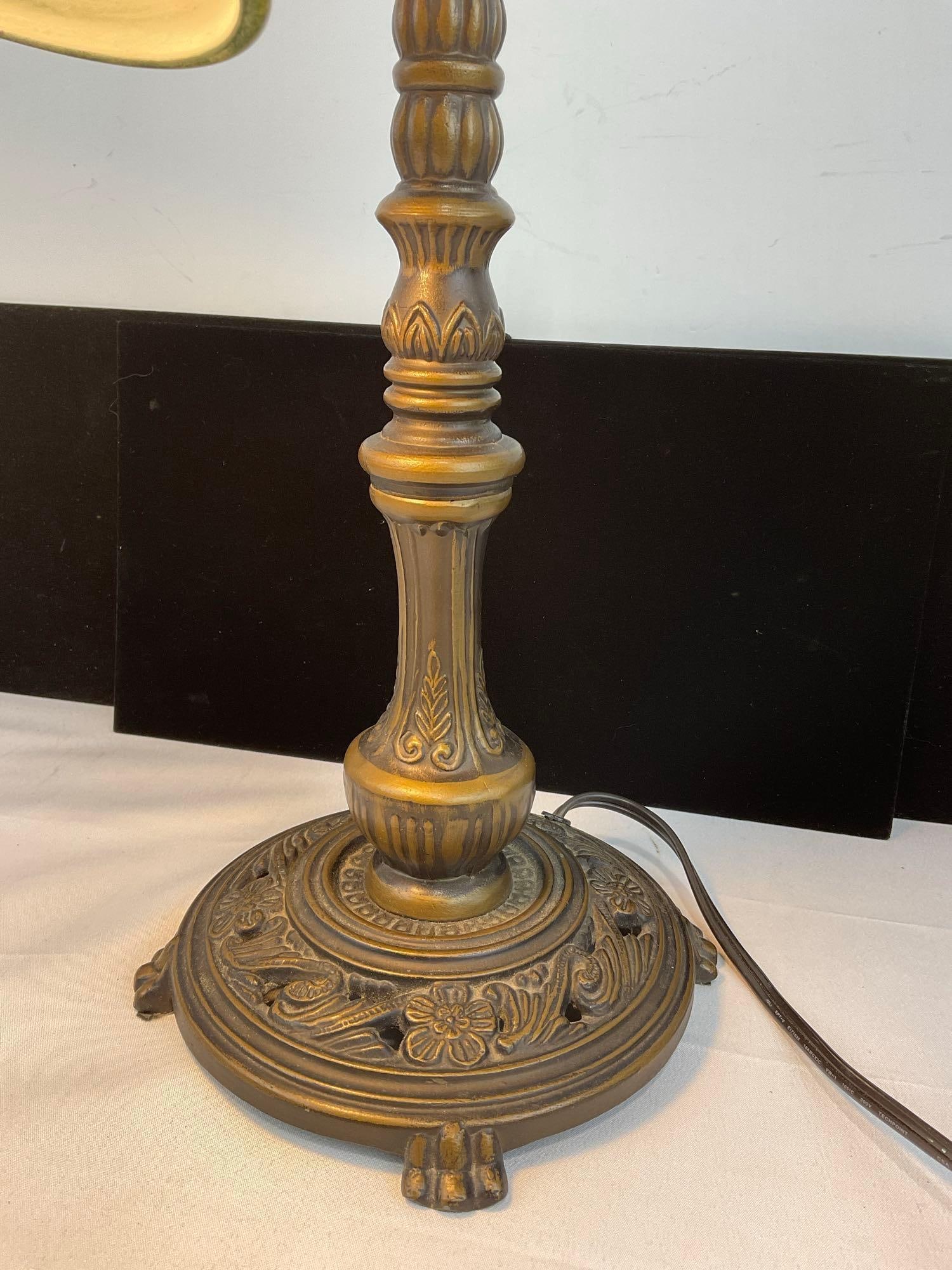 Vintage Reverse Painted Shade Bridge Arm Table Lamp, Victorian Style, cast metal, tested & working - 3