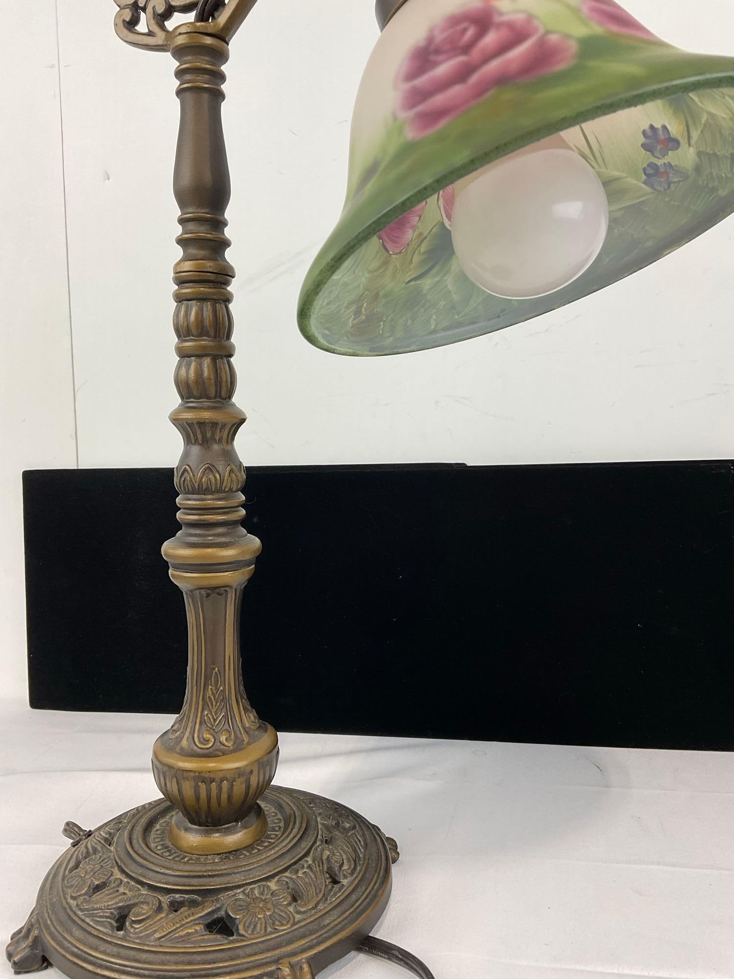 Vintage Reverse Painted Shade Bridge Arm Table Lamp, Victorian Style, cast metal, tested & working - 4