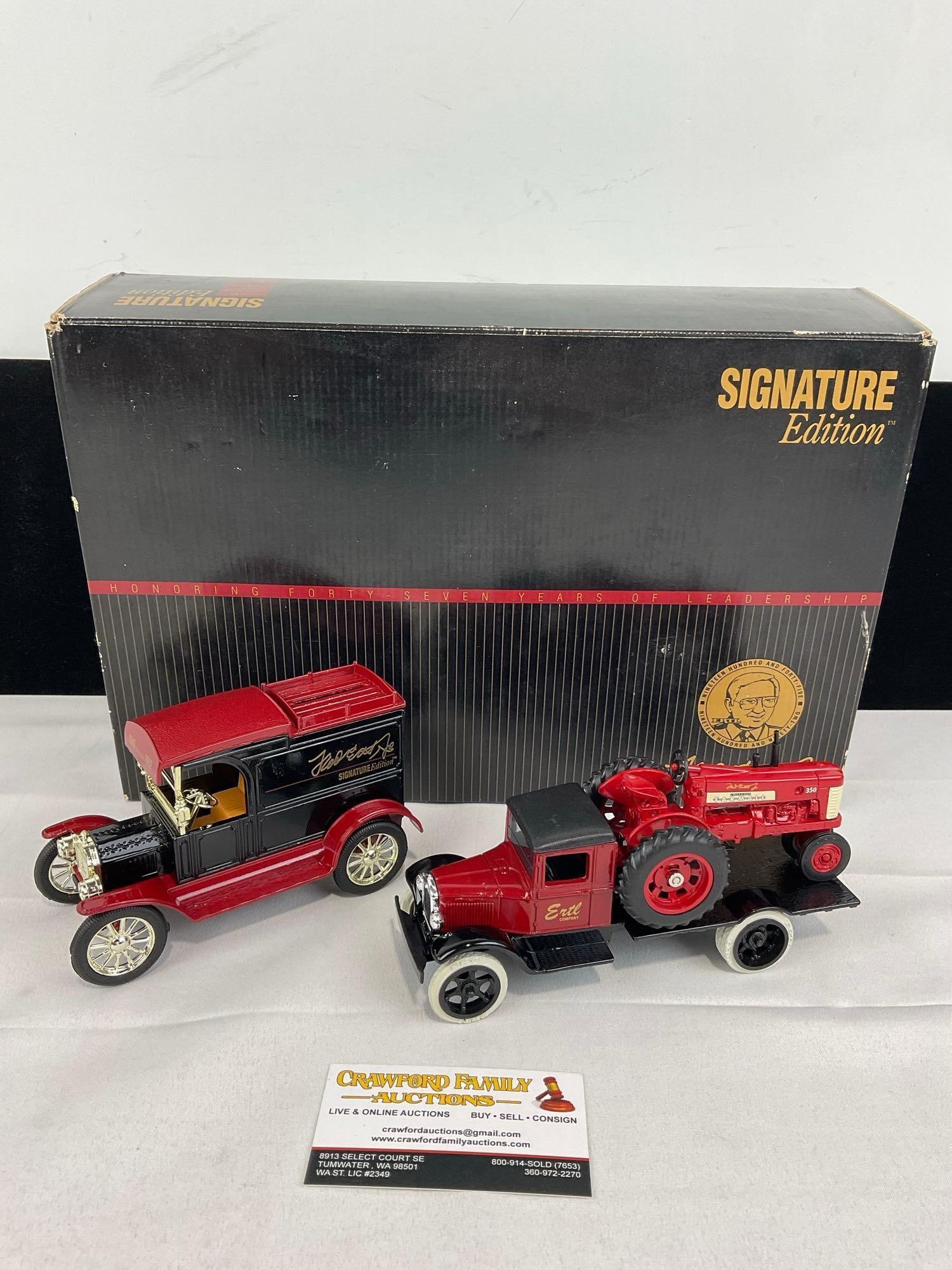 3 Fred Ertl JR Signature Edition Diecast Models, Ford Model T Van Bank, Flatbed Truck & Tractor: Appears to be in good shape. The piece measures approx 10h x 15w x 5d inches. See pics. E-5940