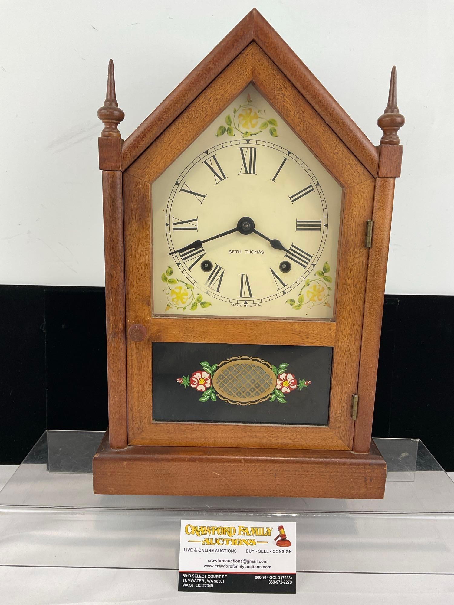 Vintage Seth Thomas Steeple Mantel Clock Walnut Sharon-7W A200 Series 8-Day Pendulum Time Strike: Appears to be in good shape. The piece measures approx 15h x 10w x 6d inches. See pics. E-5940