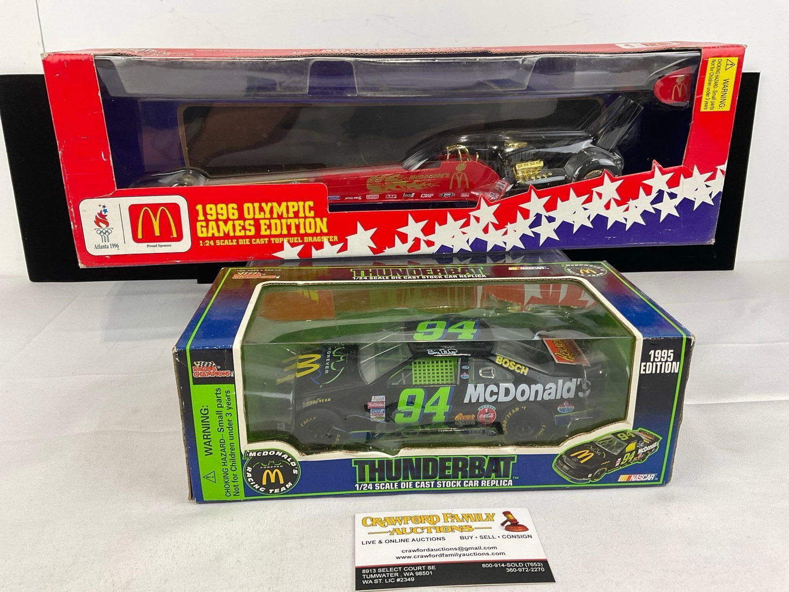 Pair of Diecast Car Models, McDonalds 1996 Olympic Dragster & Racing Champions Thunderbat Stock Car: Appears to be in good shape. The piece measures approx 9h x 19w x 7d inches. See pics. E-5940