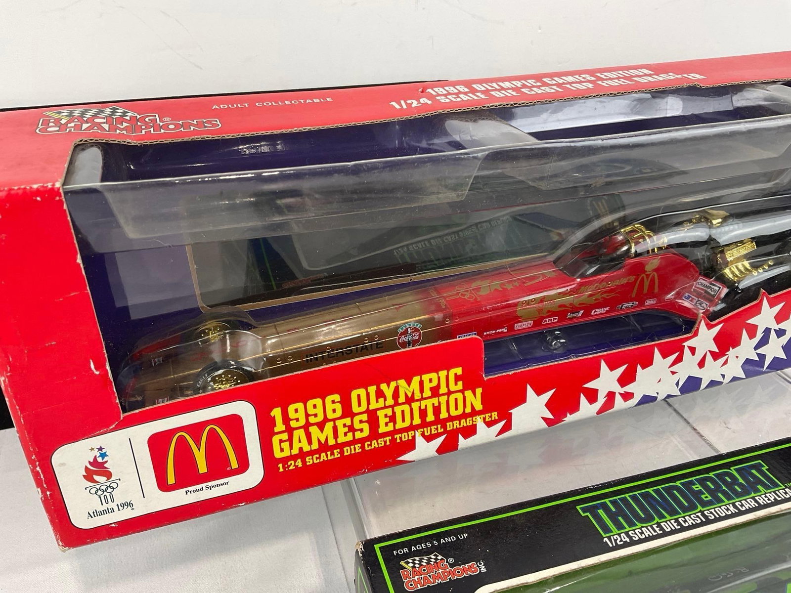 Pair of Diecast Car Models, McDonalds 1996 Olympic Dragster & Racing Champions Thunderbat Stock Car - 2