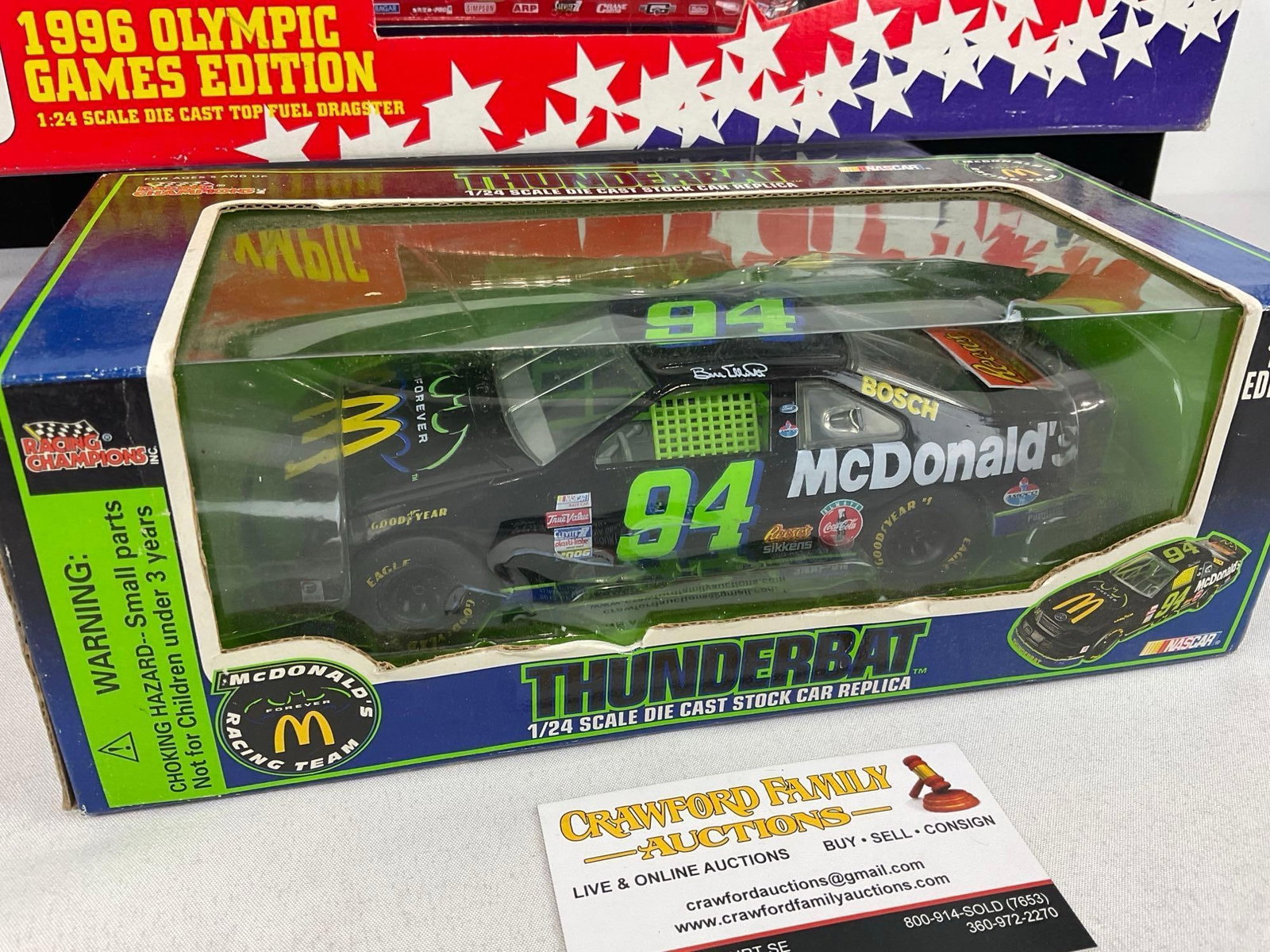 Pair of Diecast Car Models, McDonalds 1996 Olympic Dragster & Racing Champions Thunderbat Stock Car - 3