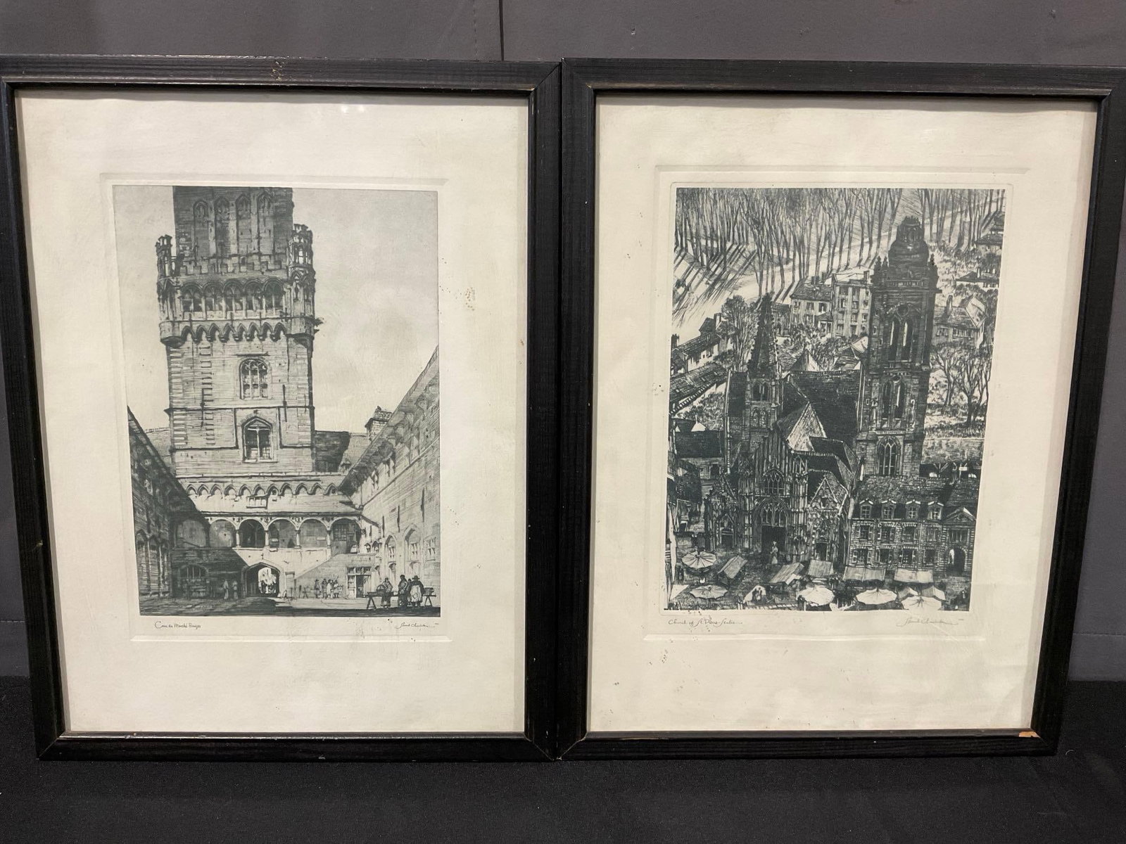 2 Vintage Etching Prints, Cour Du Marche - Bruges, & Church of St. Pierre both by Samuel Chamberl...: Both are reproduced by Talio-crome. Cour Du Marche - Bruges, & Church of St. Pierre - Senlis, both by Samuel Chamberlain. Appears to be in good shape. The piece measures approx 18h x 14w x 3d