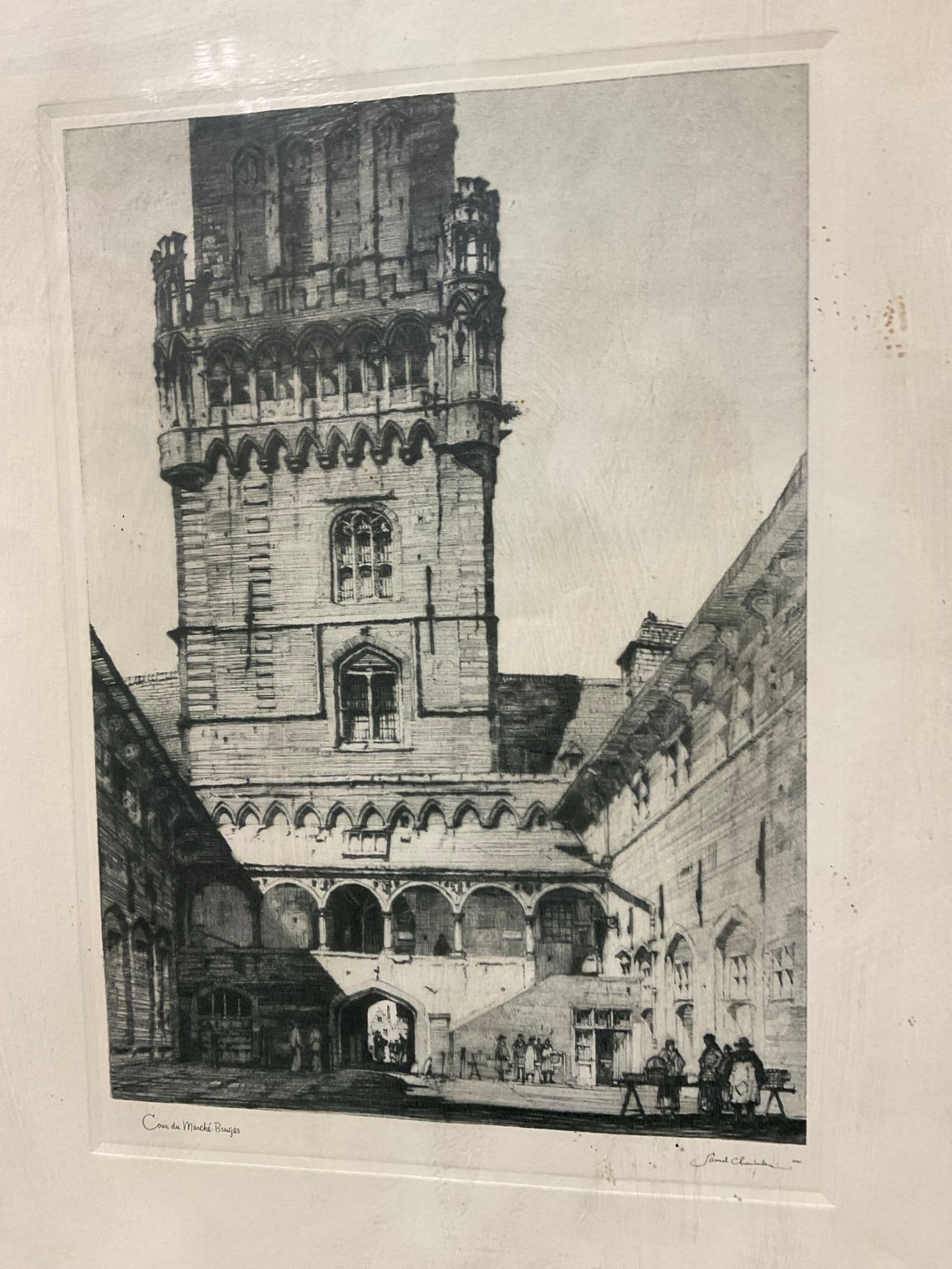 2 Vintage Etching Prints, Cour Du Marche - Bruges, & Church of St. Pierre both by Samuel Chamberl... - 2