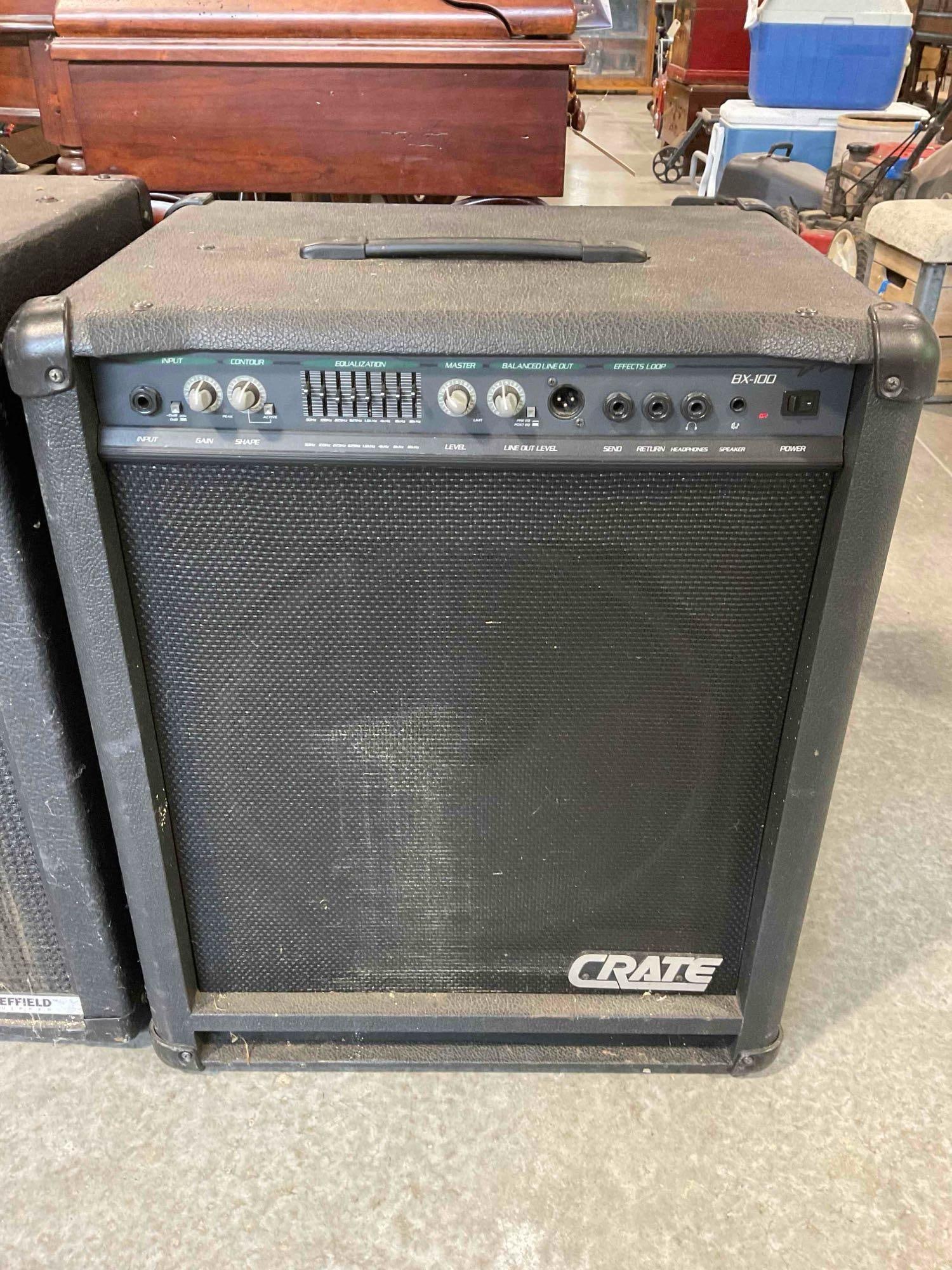 Crate BX-100 Bass Guitar Amplifier. Tested, Works. Fair Condition. See pics.: Crate BX-100 Bass Guitar Amplifier. Tested, Works. Fair Condition. Has wear indicative of age and use, needs a cleaning, condition otherwise looks to be fair. Measures 21" x 16" x 25" DM-5940 *Fr