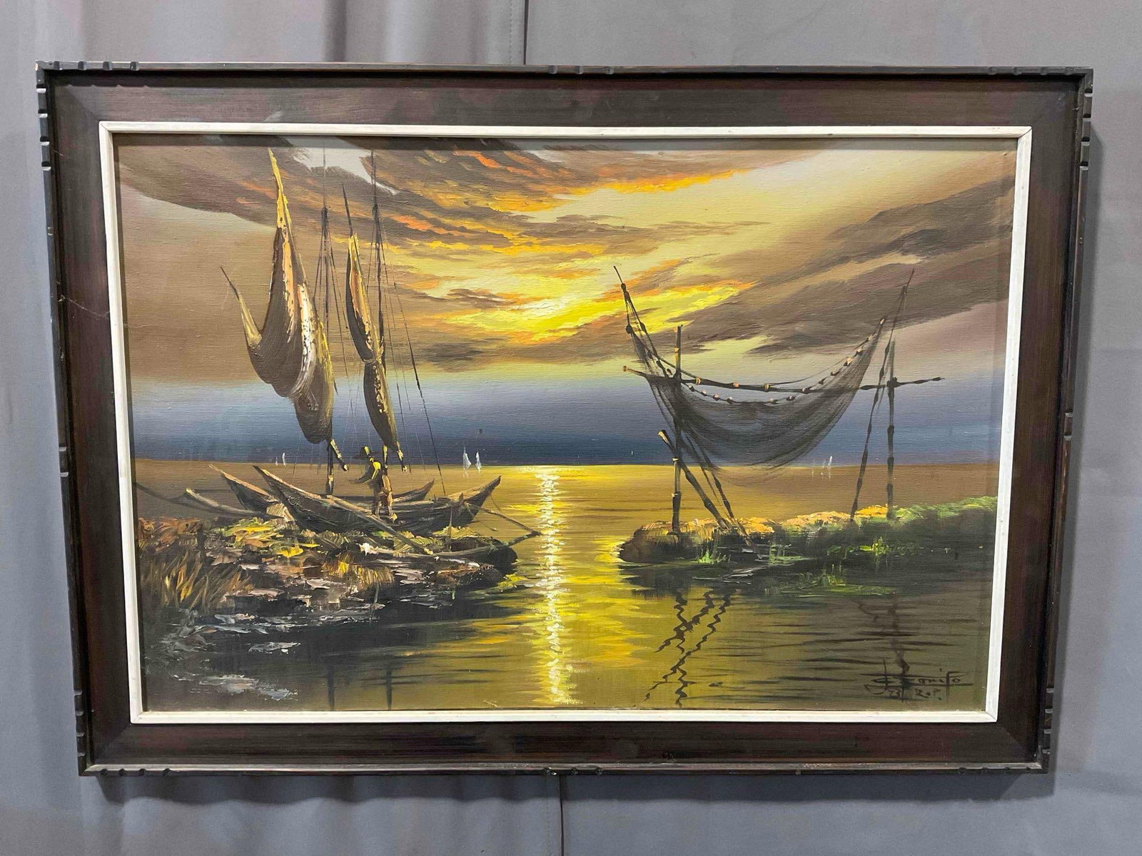 Vintage Framed Original Oil Painting of Boats at Sunset, Signed by Artist. Fair Condition. (1 of 7)