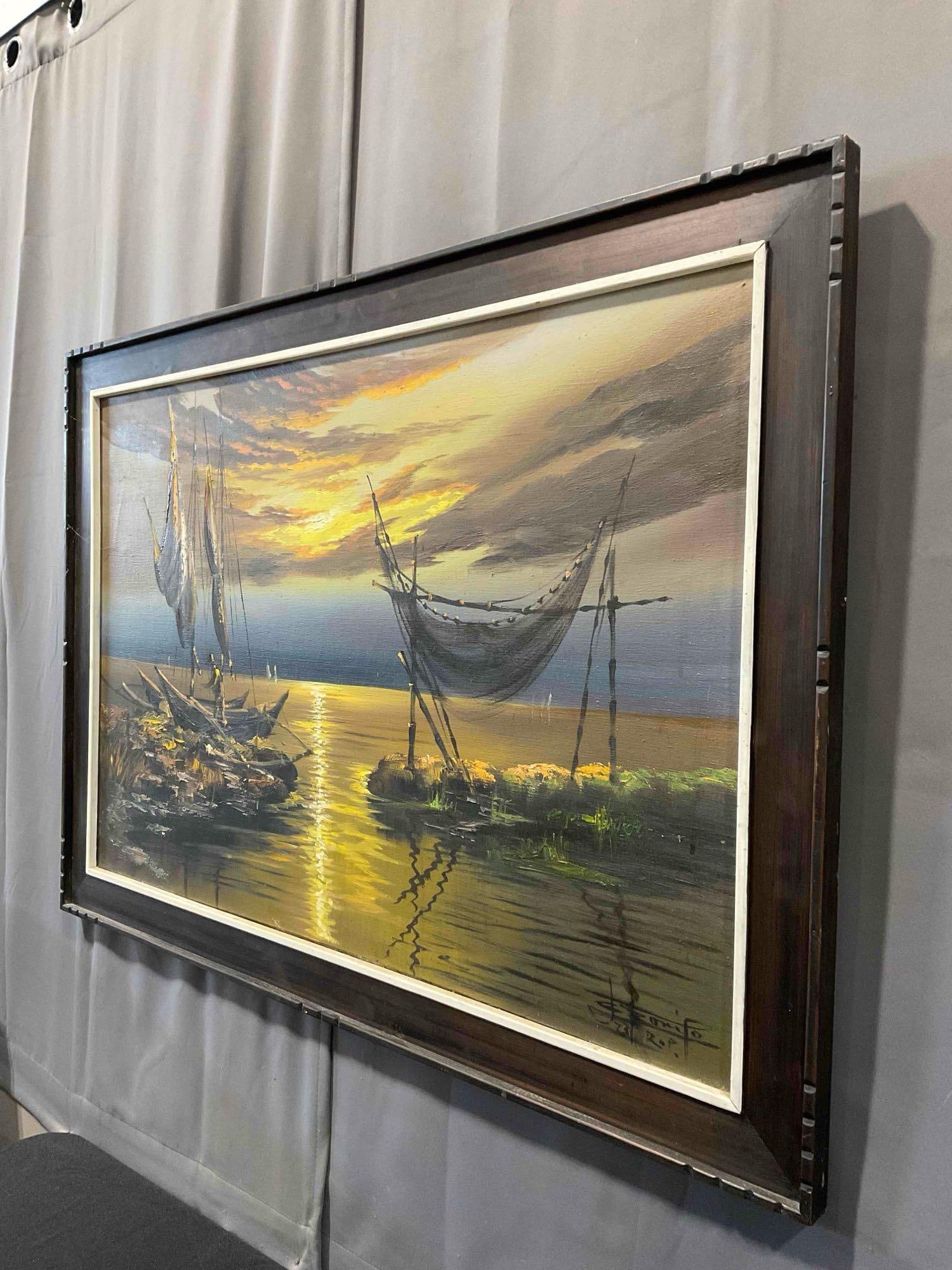 Vintage Framed Original Oil Painting of Boats at Sunset, Signed by Artist. Fair Condition. - 2