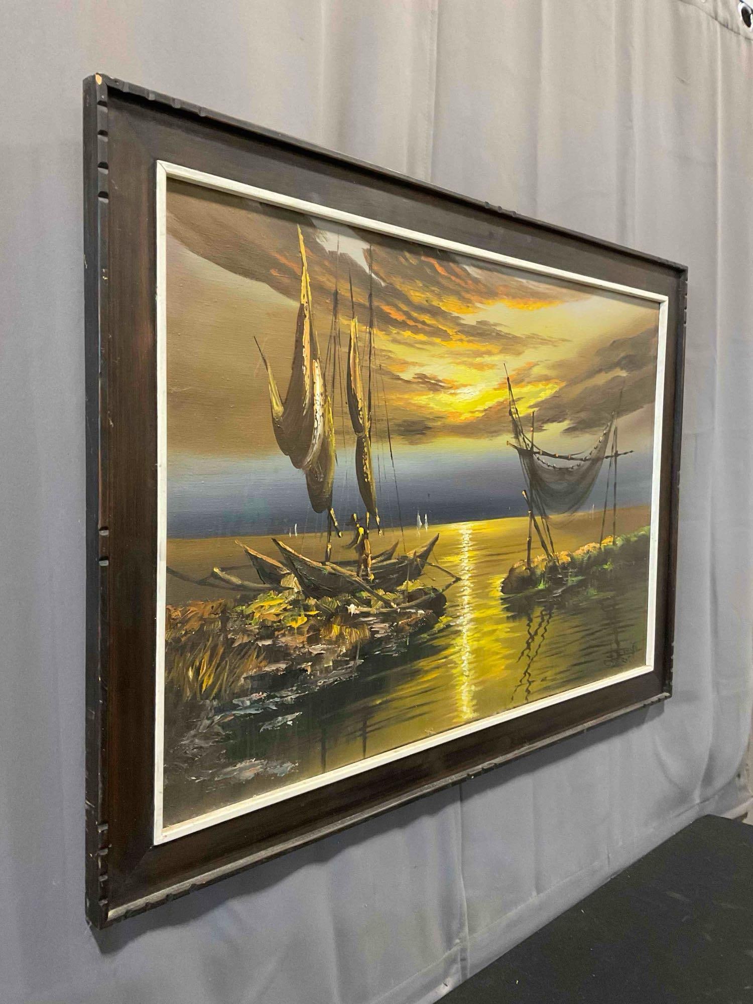 Vintage Framed Original Oil Painting of Boats at Sunset, Signed by Artist. Fair Condition. - 3