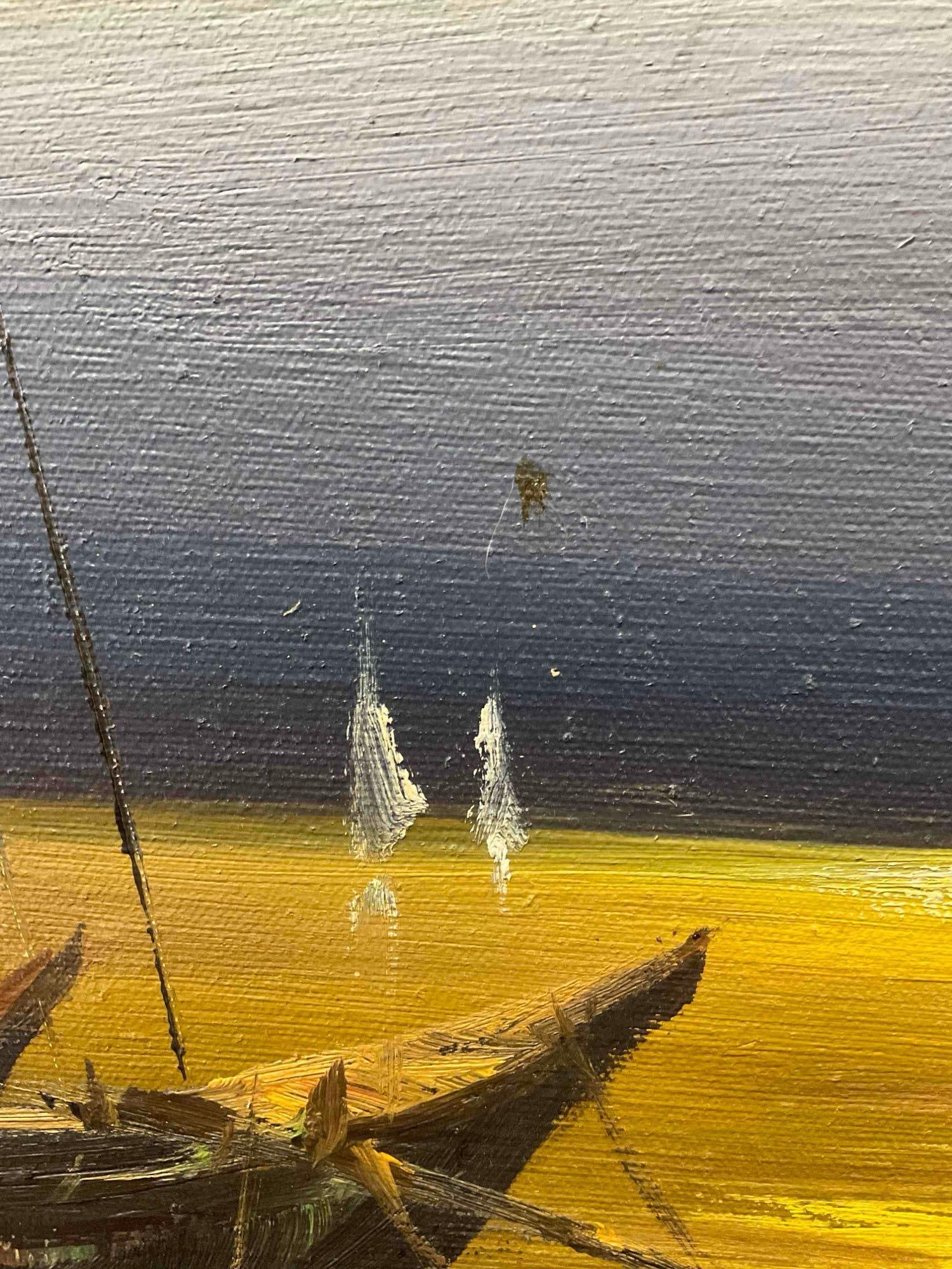 Vintage Framed Original Oil Painting of Boats at Sunset, Signed by Artist. Fair Condition. - 5
