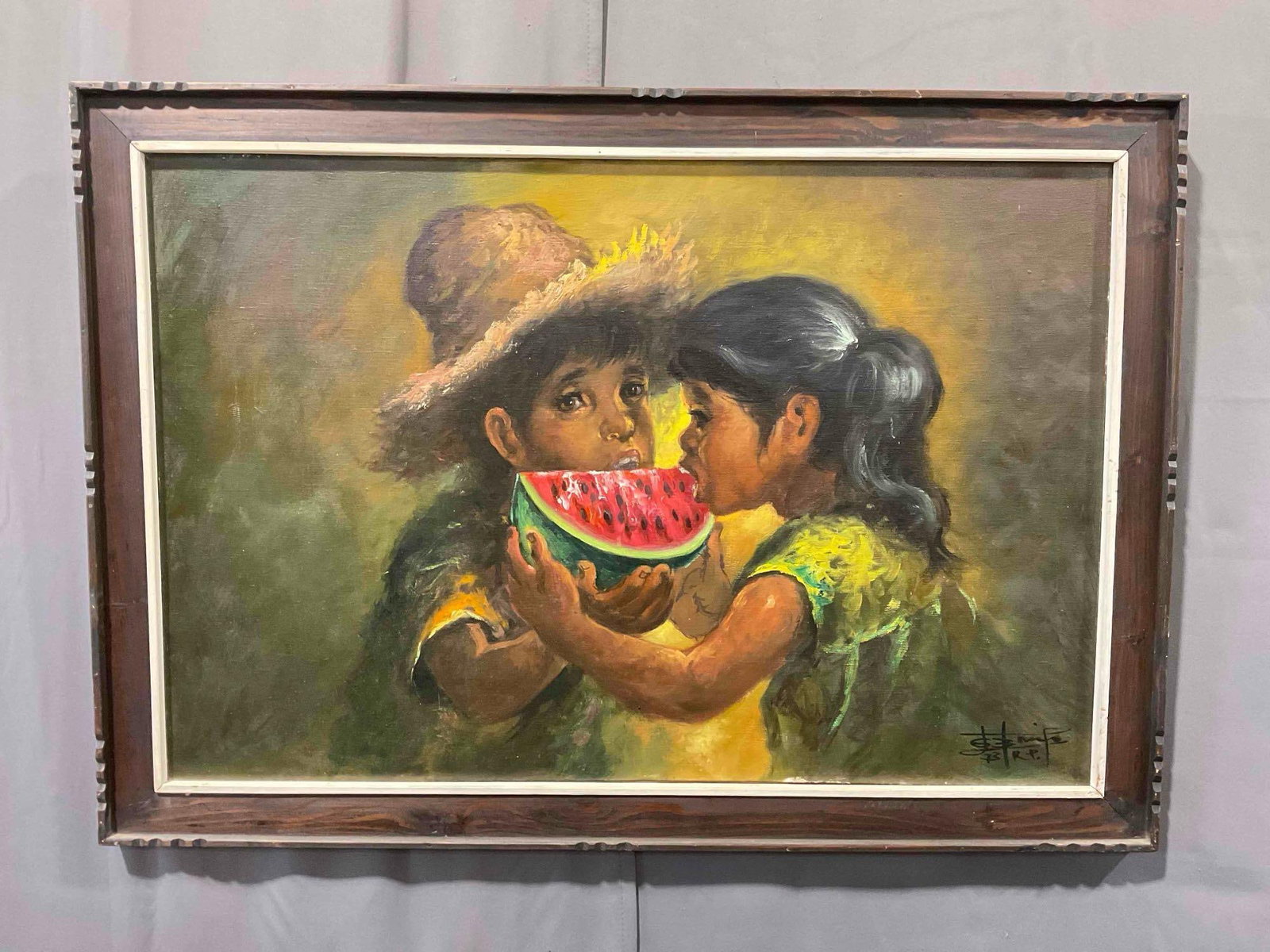 Vintage Framed Original Oil Painting of Children Enjoying Watermelon, Signed by Artist. See pics.: Vintage Framed Original Oil Painting of Children Enjoying Watermelon, Signed by Artist. Artist name looks to be J. Ronifo? Piece has wear indicative of age and use, otherwise looks to be in good