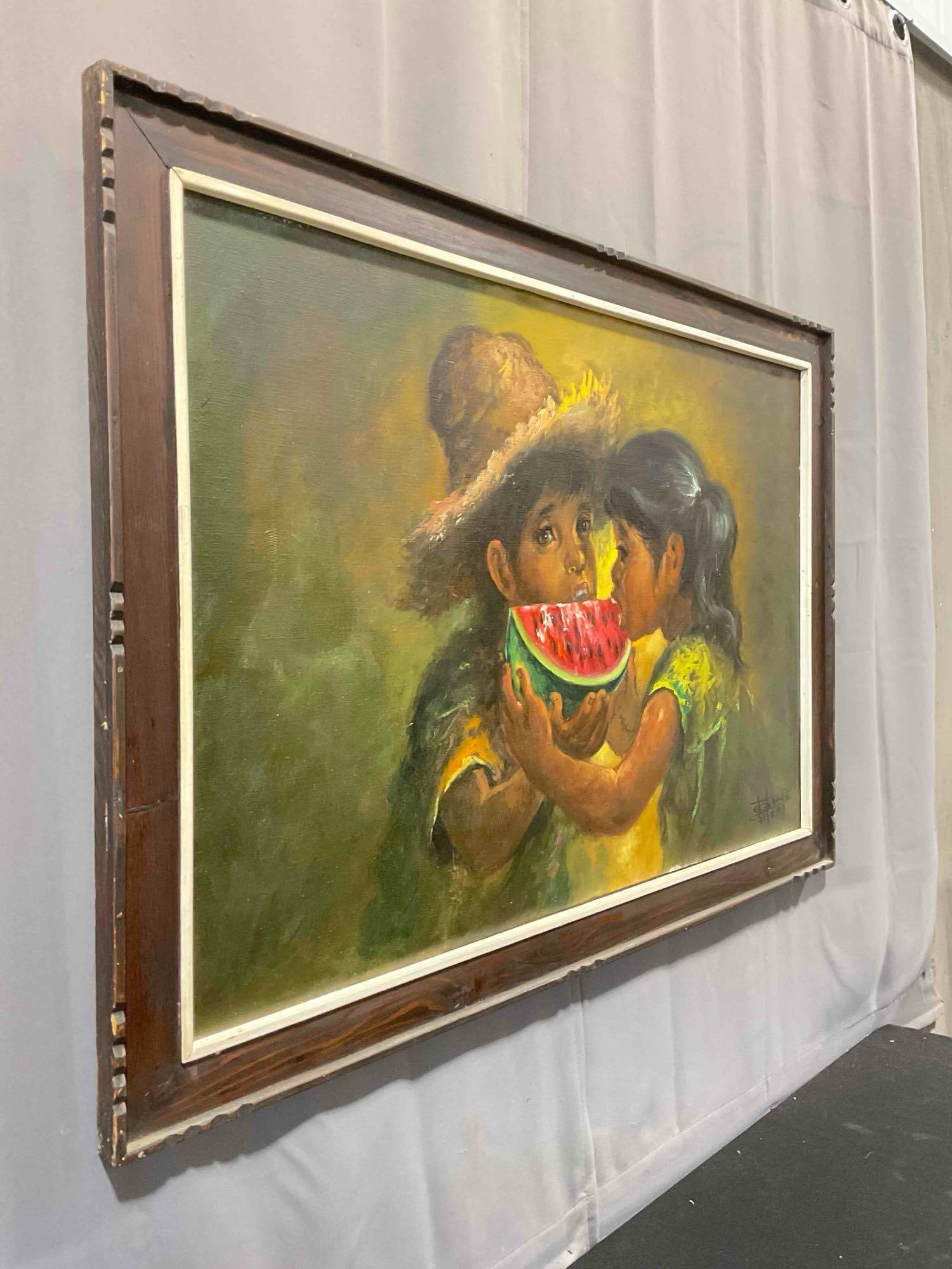 Vintage Framed Original Oil Painting of Children Enjoying Watermelon, Signed by Artist. See pics. - 2