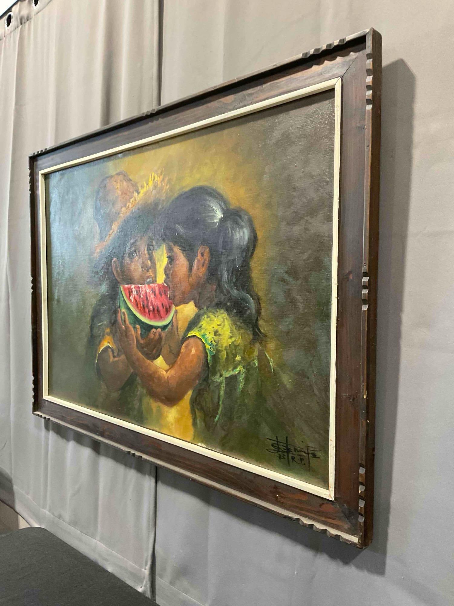Vintage Framed Original Oil Painting of Children Enjoying Watermelon, Signed by Artist. See pics. - 3