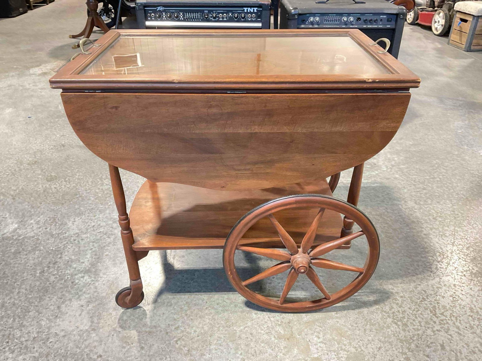 Vintage Handsome Walnut Wood Drop Leaf 2-Tier Tea Cart w/ Glass Tray Cover. Good Condition. (1 of 6)