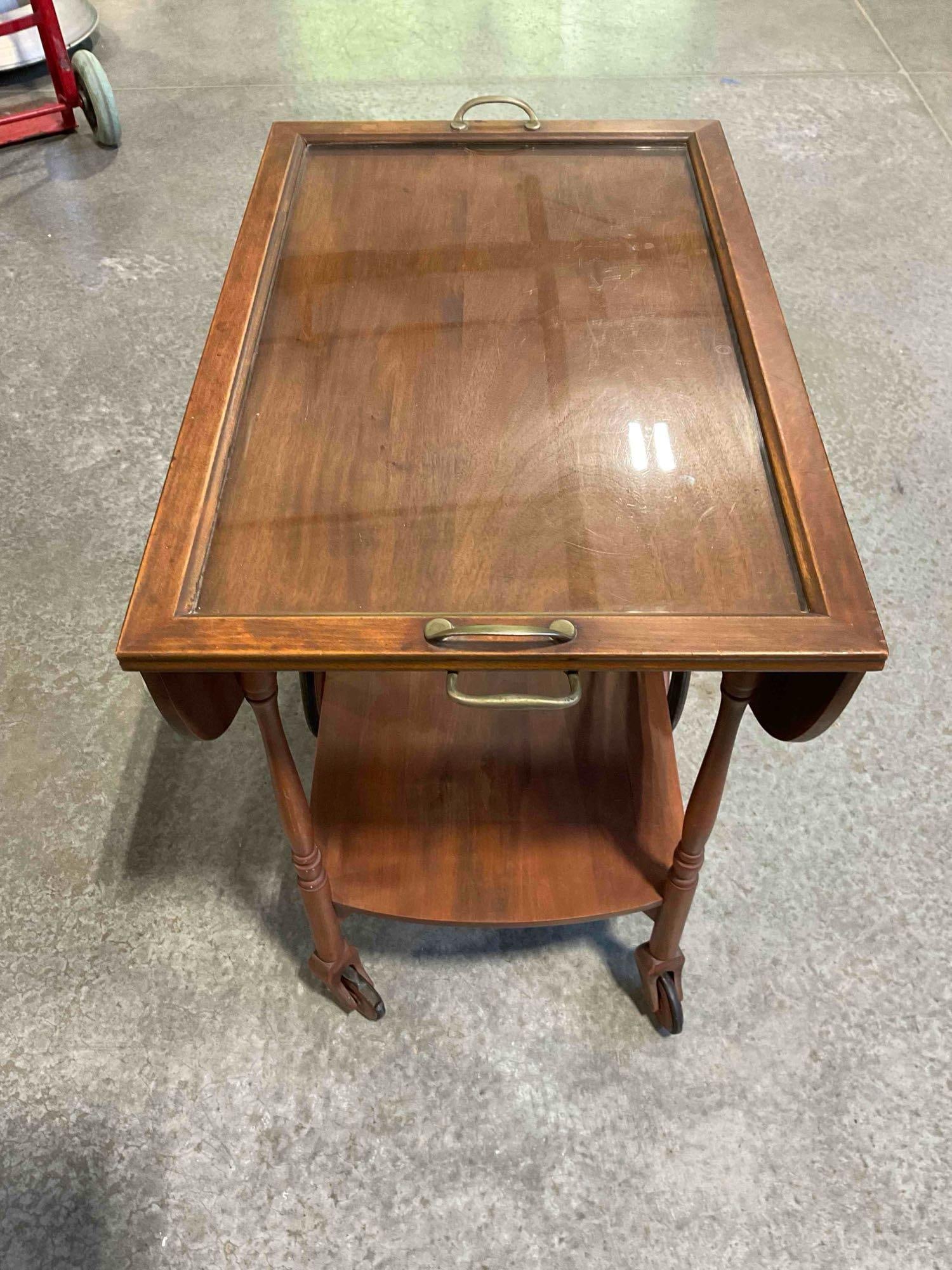 Vintage Handsome Walnut Wood Drop Leaf 2-Tier Tea Cart w/ Glass Tray Cover. Good Condition. - 2
