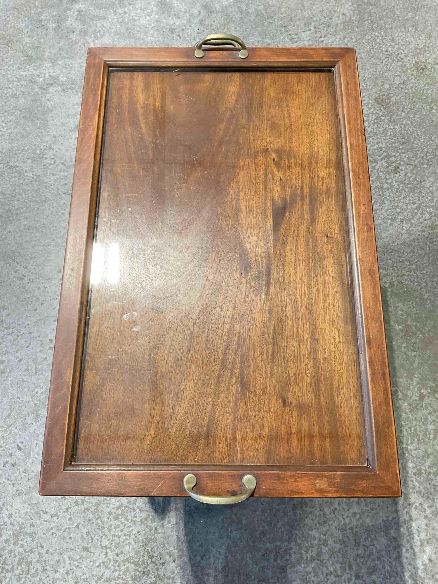 Vintage Handsome Walnut Wood Drop Leaf 2-Tier Tea Cart w/ Glass Tray Cover. Good Condition. - 3