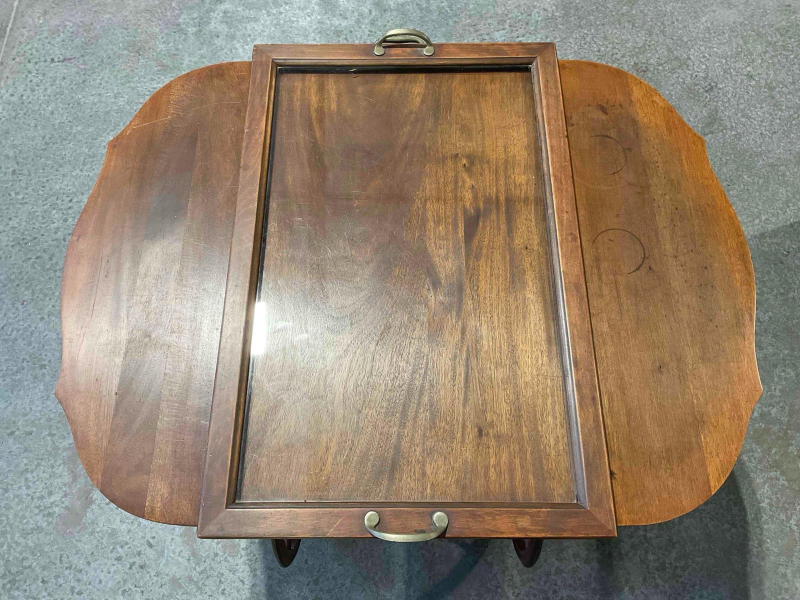 Vintage Handsome Walnut Wood Drop Leaf 2-Tier Tea Cart w/ Glass Tray Cover. Good Condition. - 5