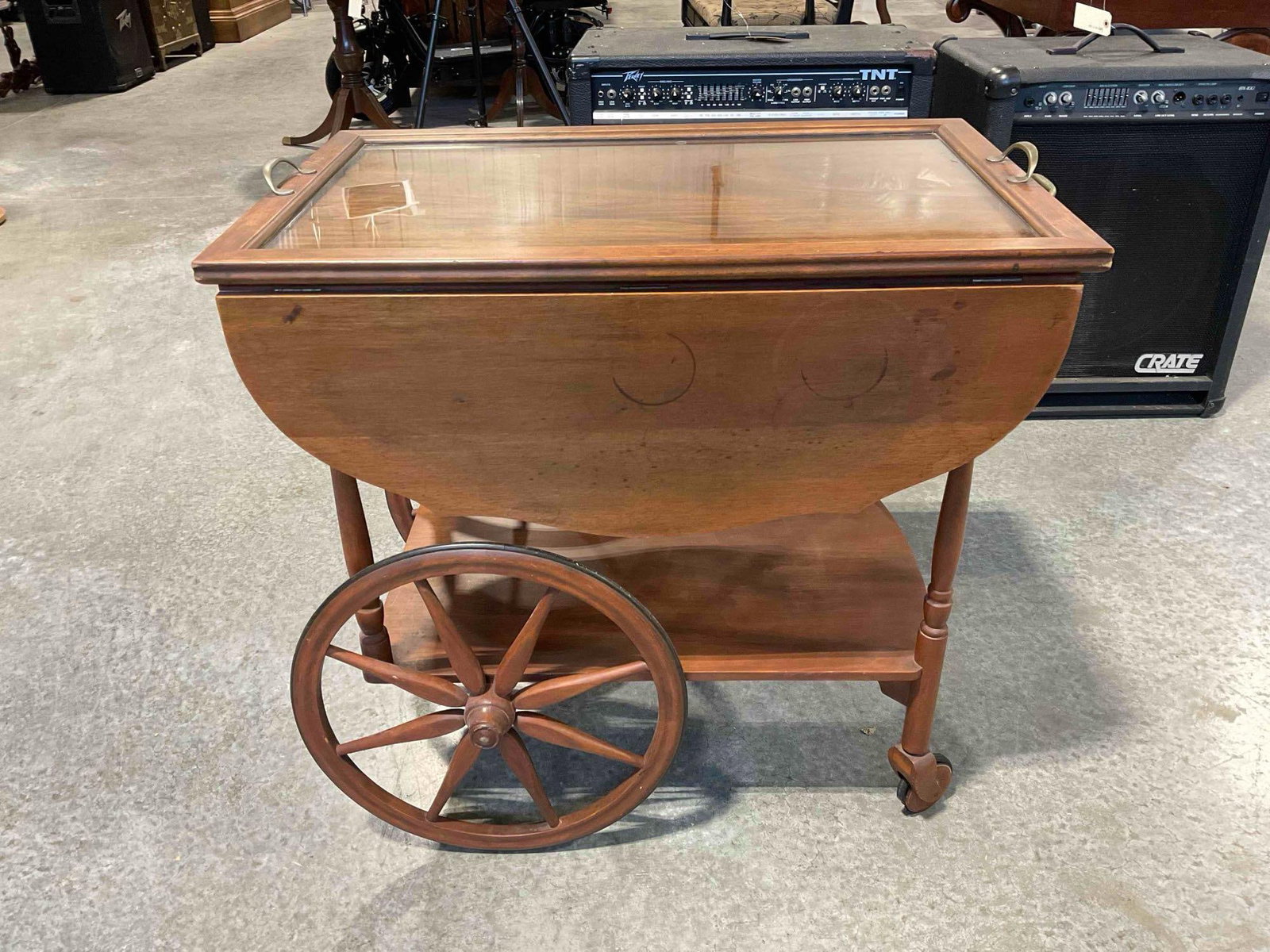 Vintage Handsome Walnut Wood Drop Leaf 2-Tier Tea Cart w/ Glass Tray Cover. Good Condition. - 6