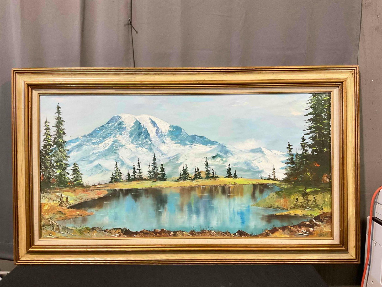 Vintage Framed Original Oil Painting of Mountain Lake, Signed by Artist Hazel Gibbons. See pics.: Vintage Framed Original Oil Painting of Mountain Lake, Signed by Artist Hazel Gibbons. Local artist! Frame has some rough patches, canvas has a few stains, otherwise looks to be in good condition. In