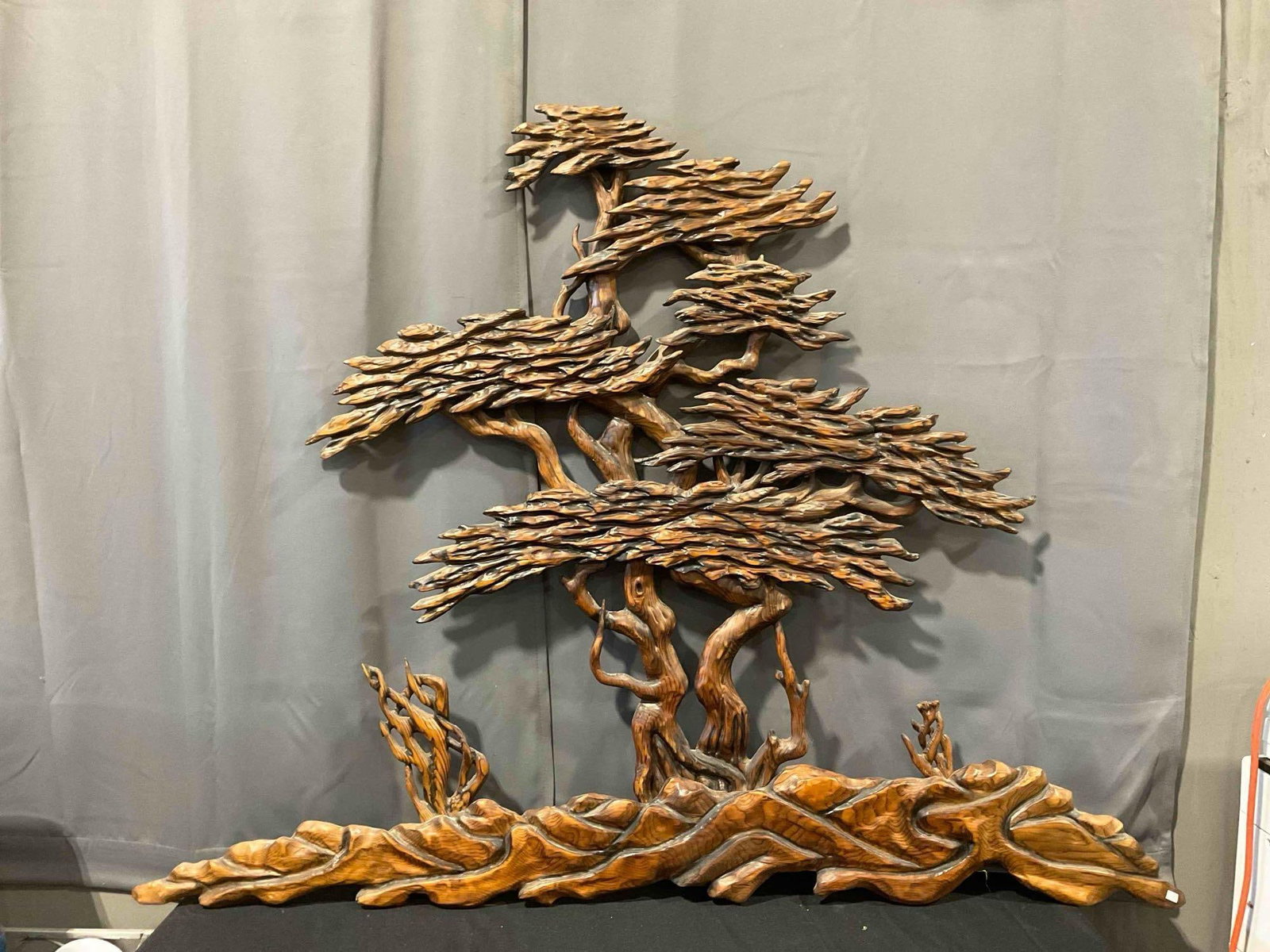 Vintage Elaborately Carved Wood Tree Decorative Wall Art. Signed by Artist M.J. Bonathan.: Vintage Elaborately Carved Wood Tree Decorative Wall Art w/ Signed by Artist M.J. bonathan. Good Condition. Minor wear indicative of age and use, otherwise looks to be in good condition. Measures 57"