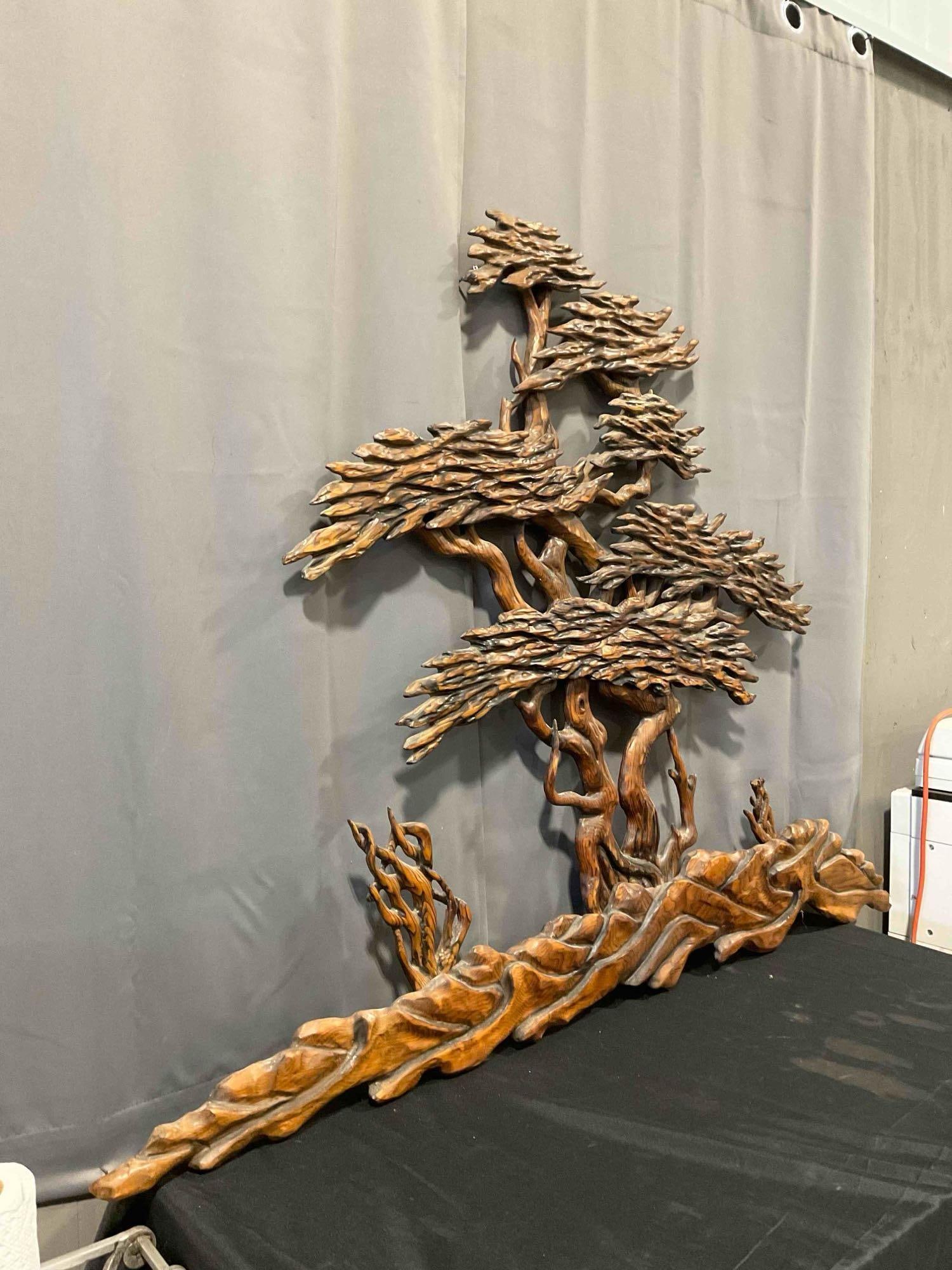 Vintage Elaborately Carved Wood Tree Decorative Wall Art. Signed by Artist M.J. Bonathan. - 2