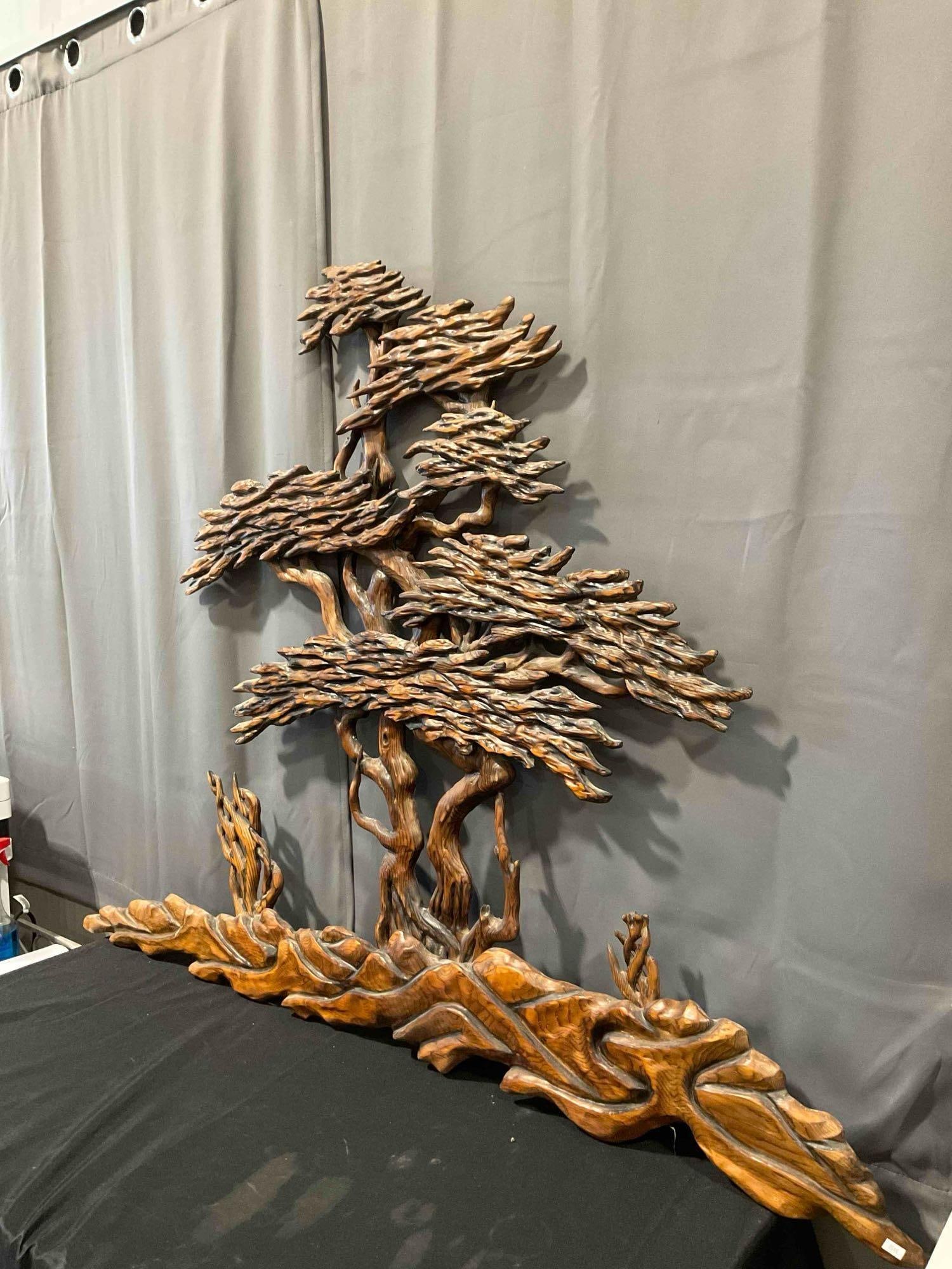 Vintage Elaborately Carved Wood Tree Decorative Wall Art. Signed by Artist M.J. Bonathan. - 3