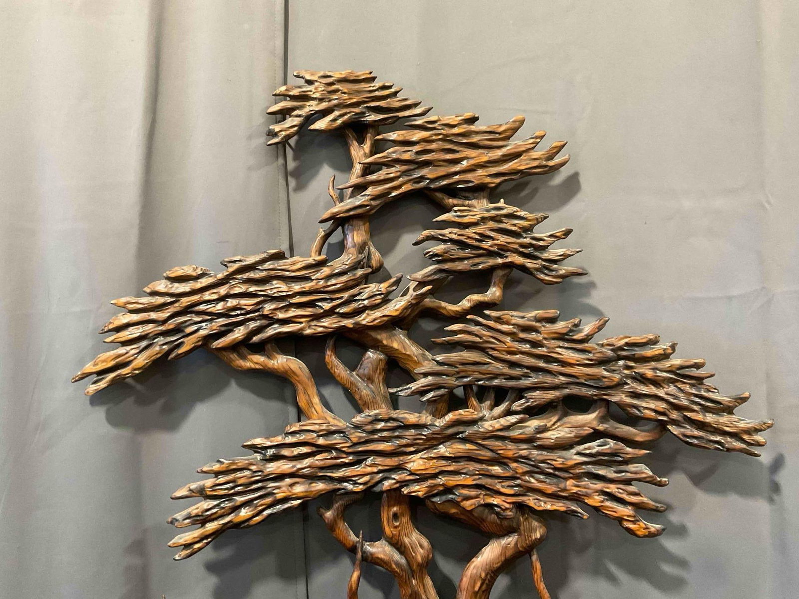 Vintage Elaborately Carved Wood Tree Decorative Wall Art. Signed by Artist M.J. Bonathan. - 4
