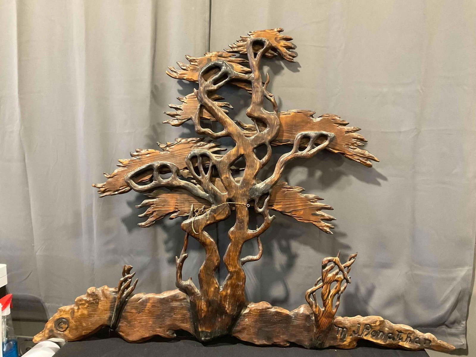 Vintage Elaborately Carved Wood Tree Decorative Wall Art. Signed by Artist M.J. Bonathan. - 5