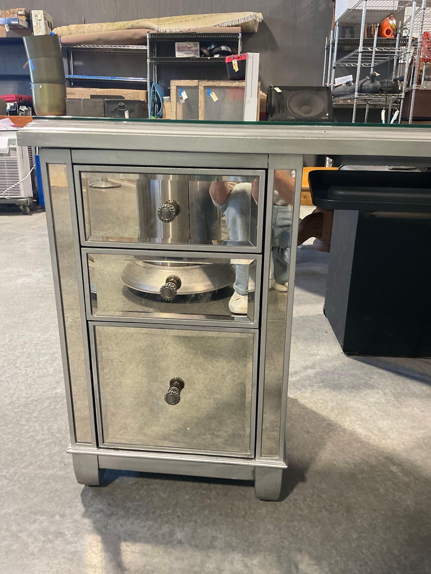 Modern Pier 1 Imports Mirrored silver writing / computer desk with additional glass top & tray - 2