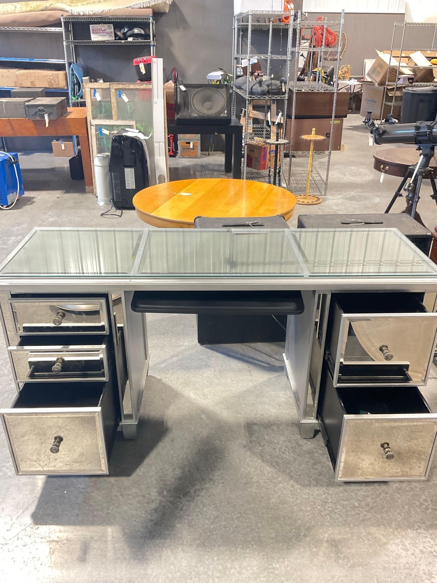 Modern Pier 1 Imports Mirrored silver writing / computer desk with additional glass top & tray - 3