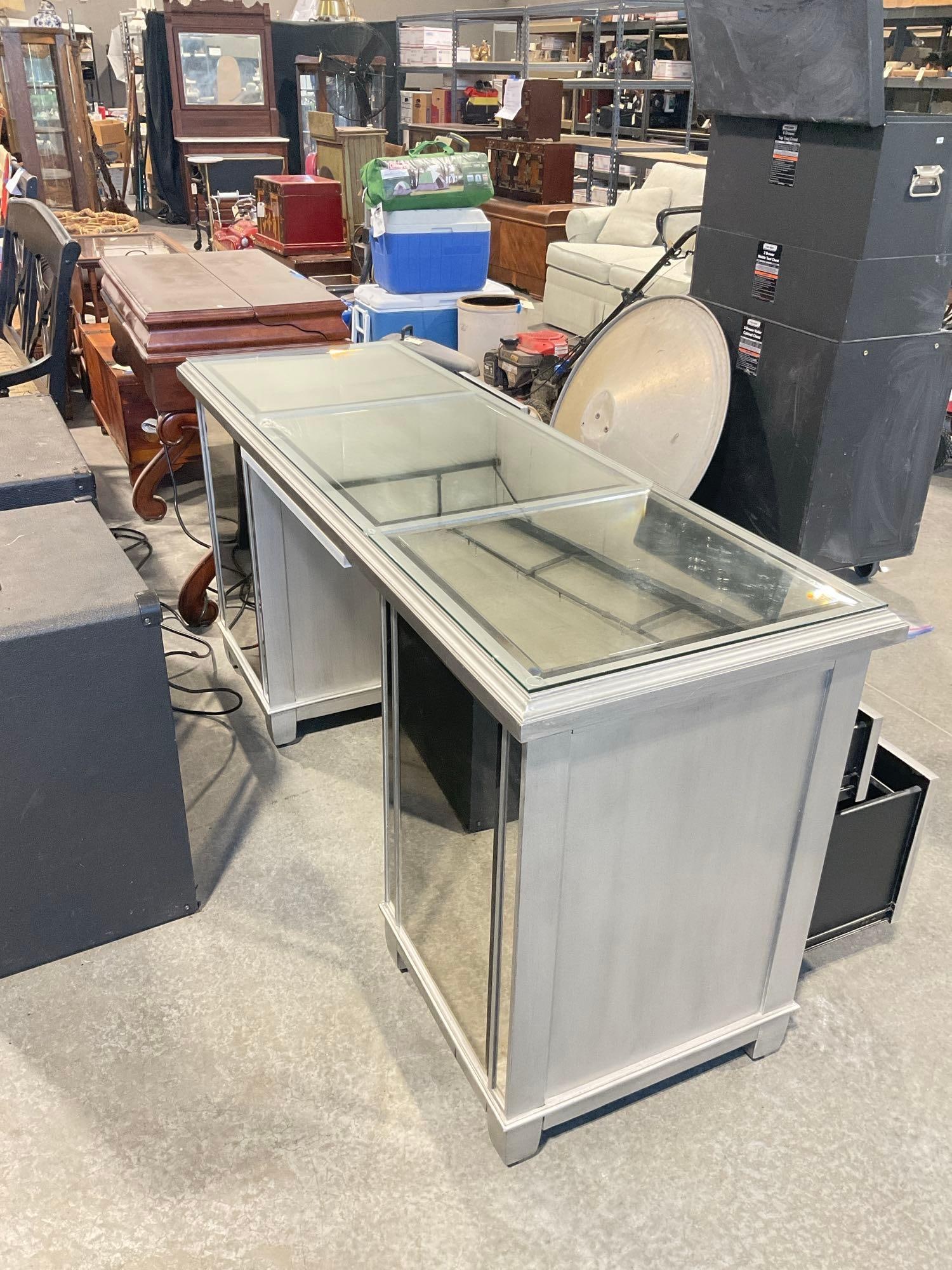 Modern Pier 1 Imports Mirrored silver writing / computer desk with additional glass top & tray - 4