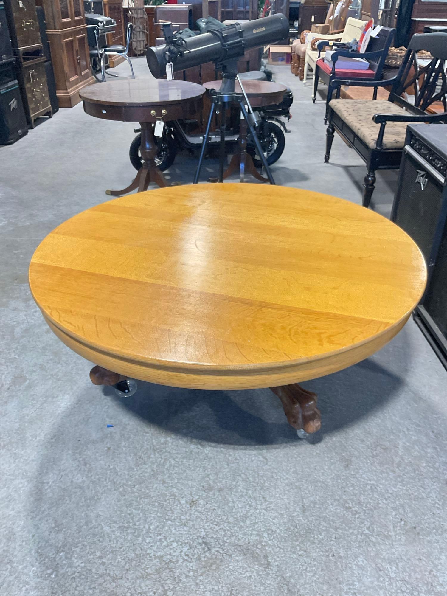 Antique Tiger oak light golden oak coffee table converted from a dining table in 1947: And worked on again in 1969 as stamped on the underside. A lovely piece with a more modern function, clearly loved by its past owners. In good condition esp for age, has modern castors. Approx 48" x