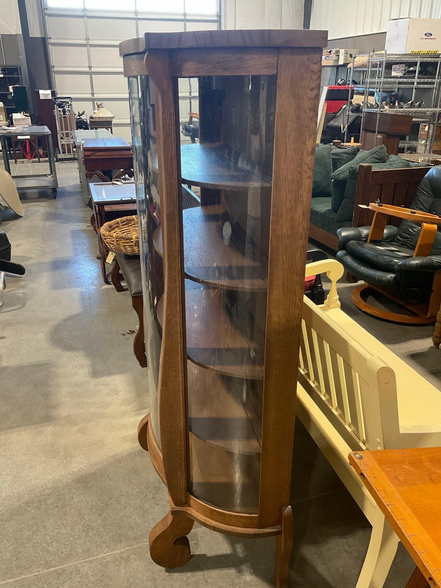 Antique K.C. Co. Tiger oak curved glass tri-panel curio cabinet with shelves and original tag - 3
