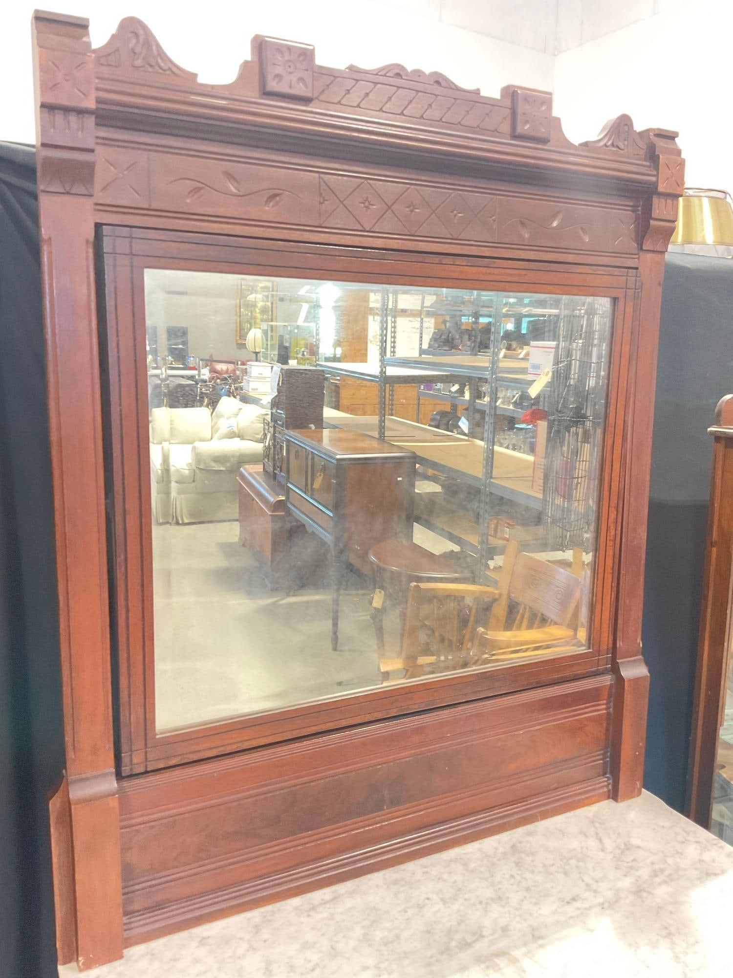 Antique Eastlake 1890's mahogany marble top 3 drawer vanity dresser w/ mirror and carved design - 2