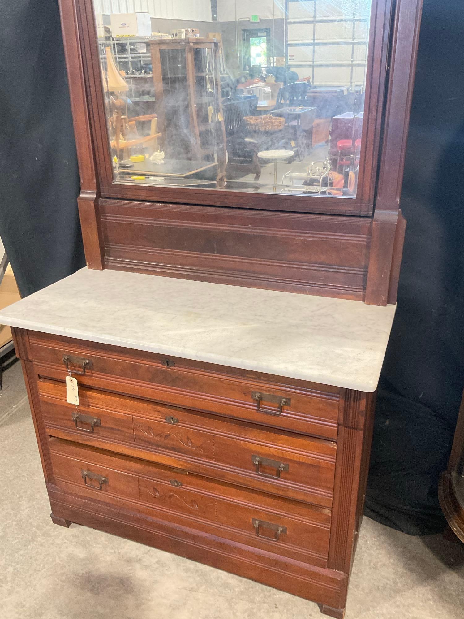 Antique Eastlake 1890's mahogany marble top 3 drawer vanity dresser w/ mirror and carved design - 3