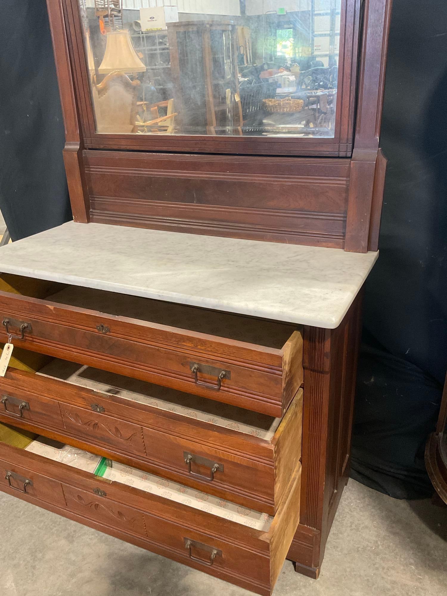 Antique Eastlake 1890's mahogany marble top 3 drawer vanity dresser w/ mirror and carved design - 5