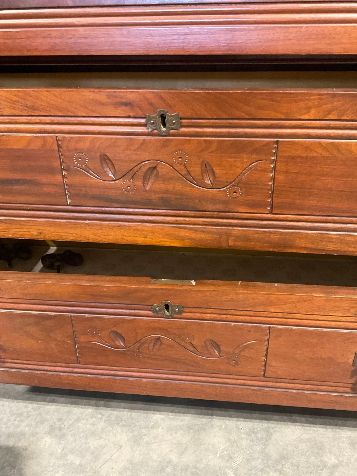 Antique Eastlake 1890's mahogany marble top 3 drawer vanity dresser w/ mirror and carved design - 6