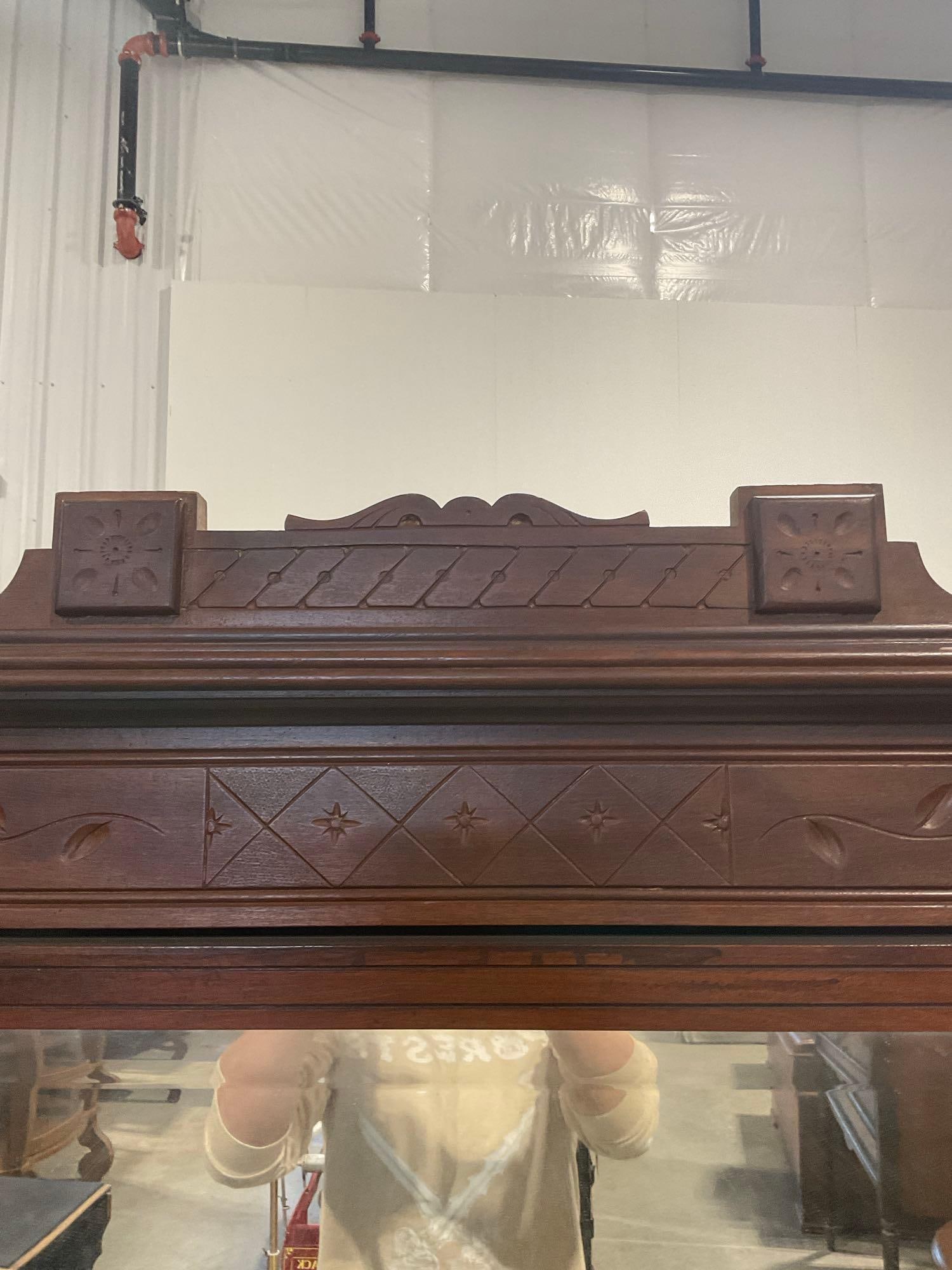 Antique Eastlake 1890's mahogany marble top 3 drawer vanity dresser w/ mirror and carved design - 7