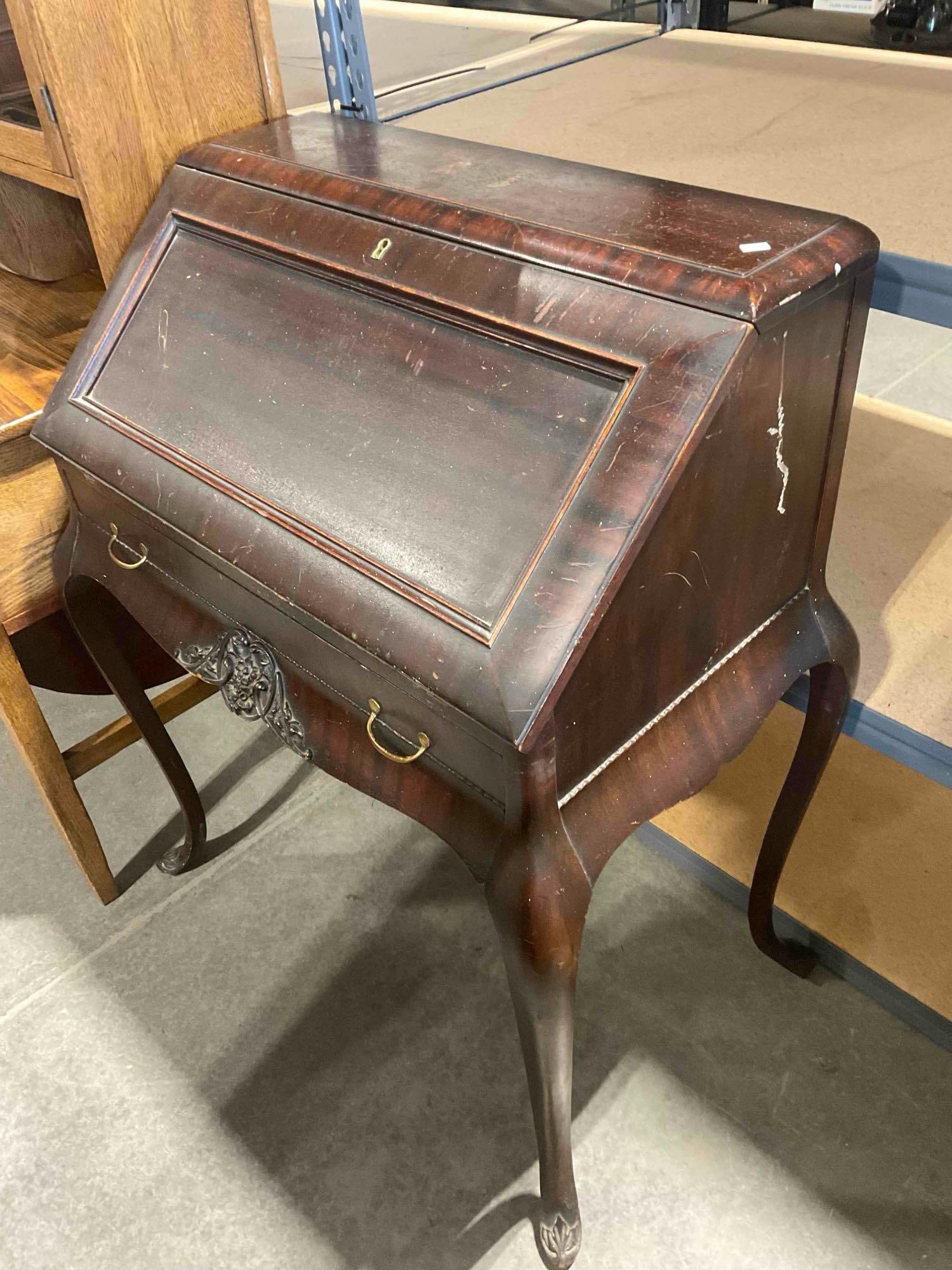 Antique Wooden Secretary Desk w/ Slant Top Writing Surface & 3 Drawers. Very Good Cond. - 2