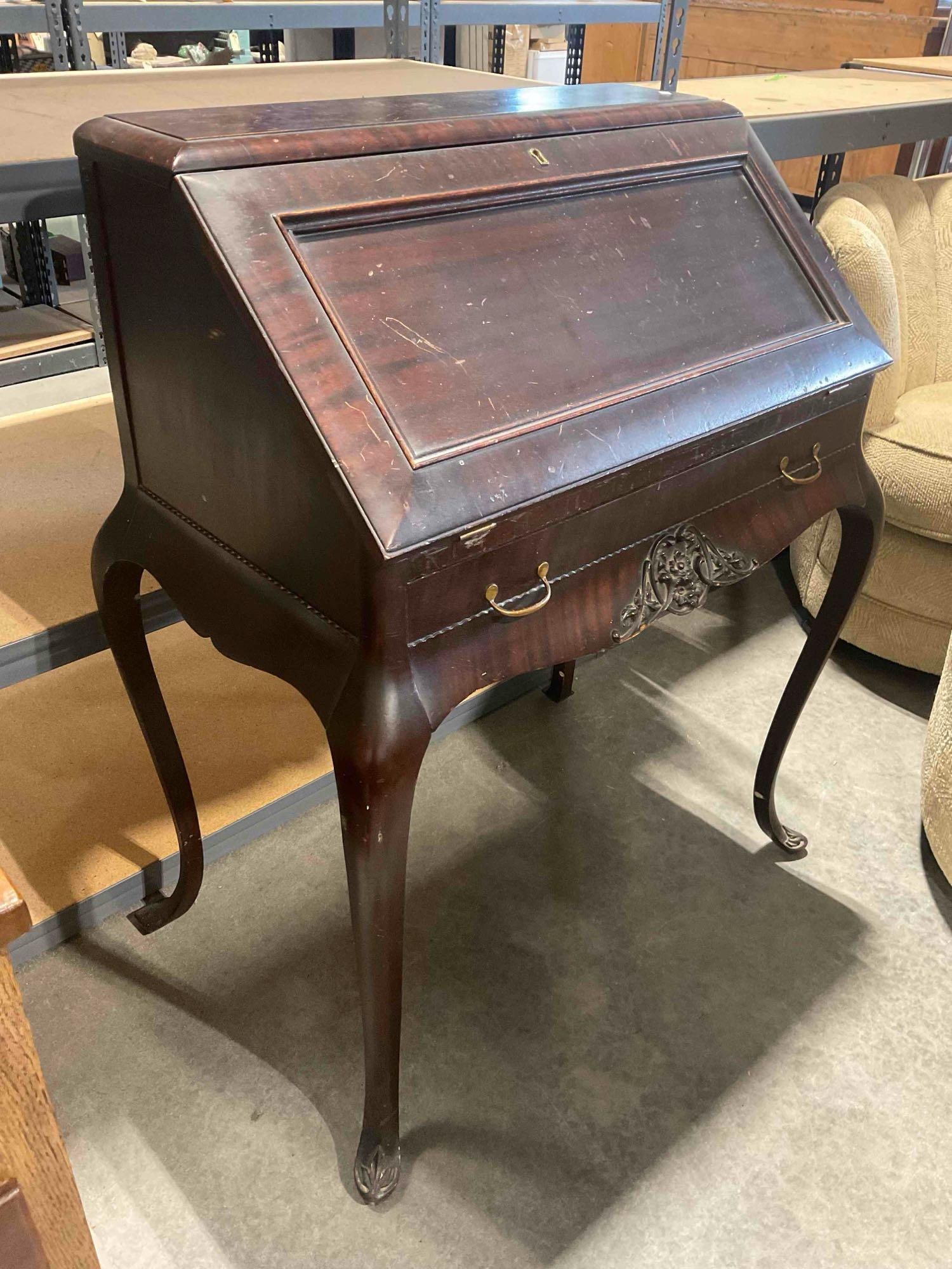 Antique Wooden Secretary Desk w/ Slant Top Writing Surface & 3 Drawers. Very Good Cond. - 3