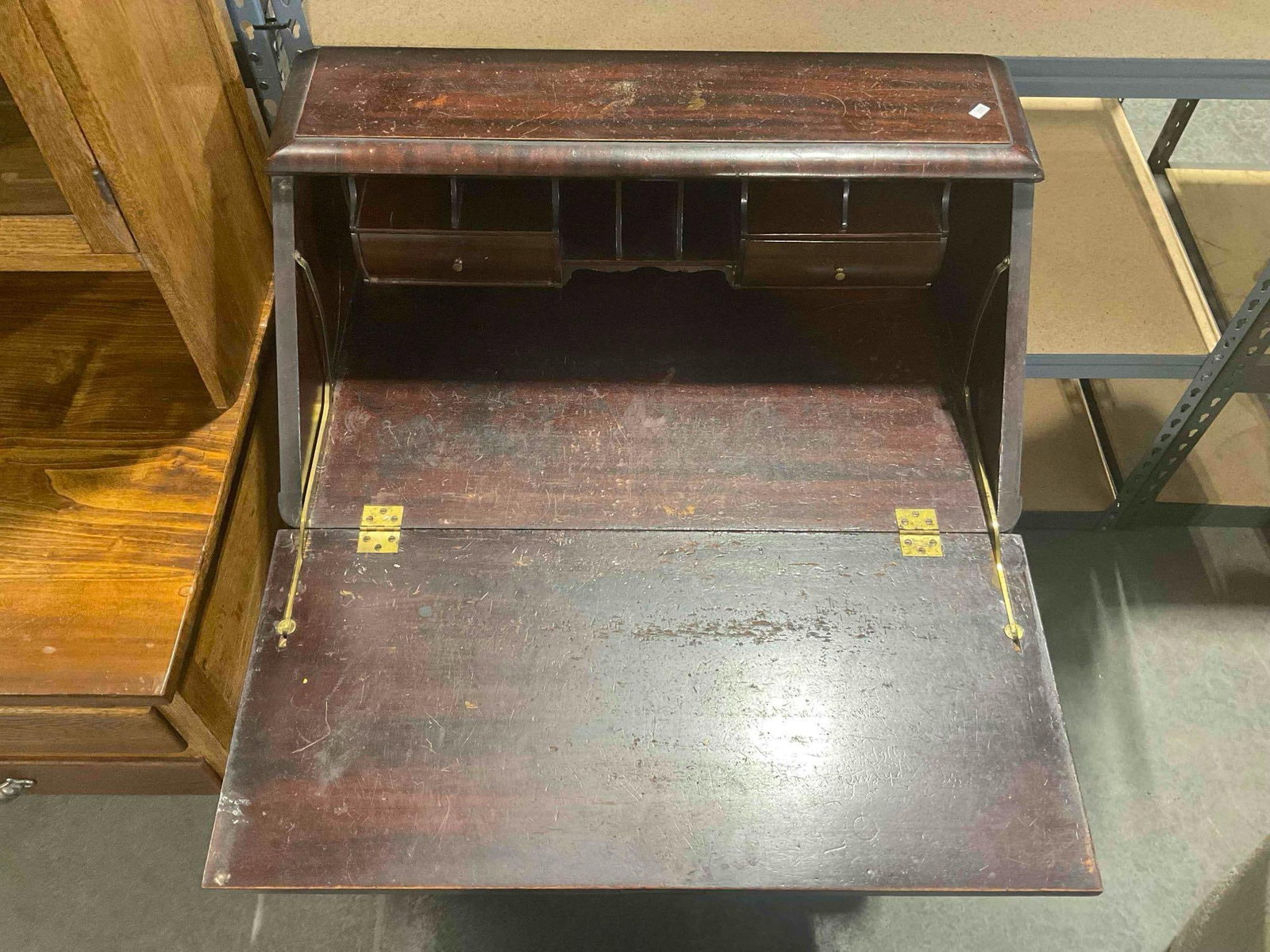 Antique Wooden Secretary Desk w/ Slant Top Writing Surface & 3 Drawers. Very Good Cond. - 5