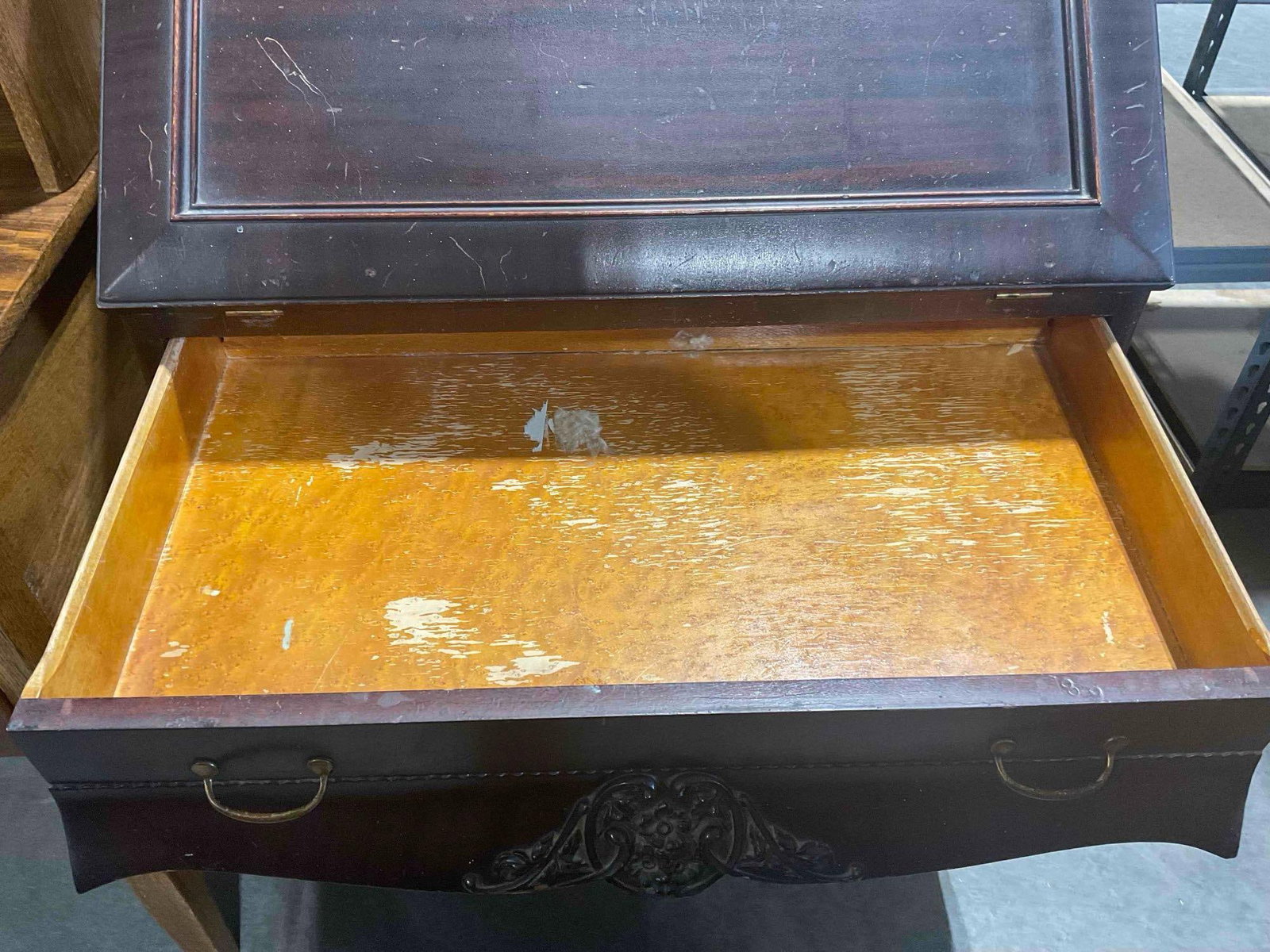 Antique Wooden Secretary Desk w/ Slant Top Writing Surface & 3 Drawers. Very Good Cond. - 7