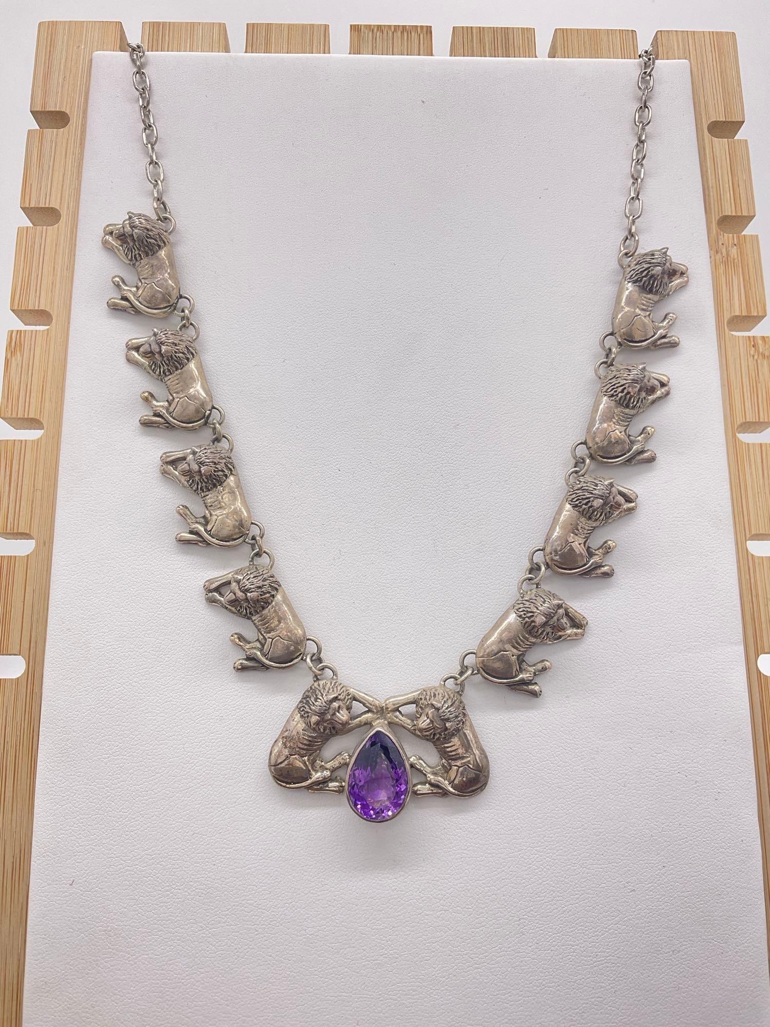 Amazing 1990 Carol Felley Sterling silver Lion statement necklace with amethyst glass pendant: Approx 70.69 grams and approx 19" in total length