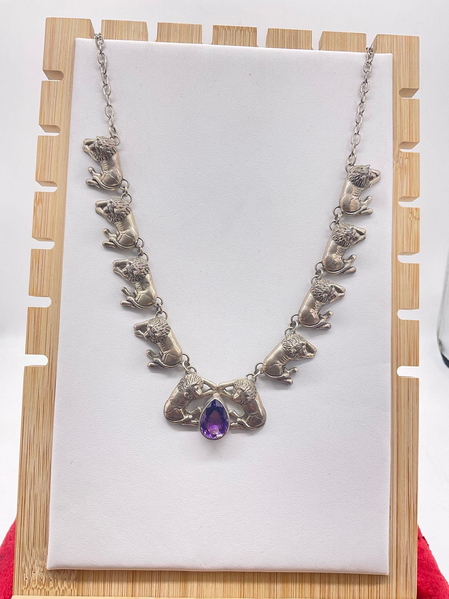 Amazing 1990 Carol Felley Sterling silver Lion statement necklace with amethyst glass pendant - 2