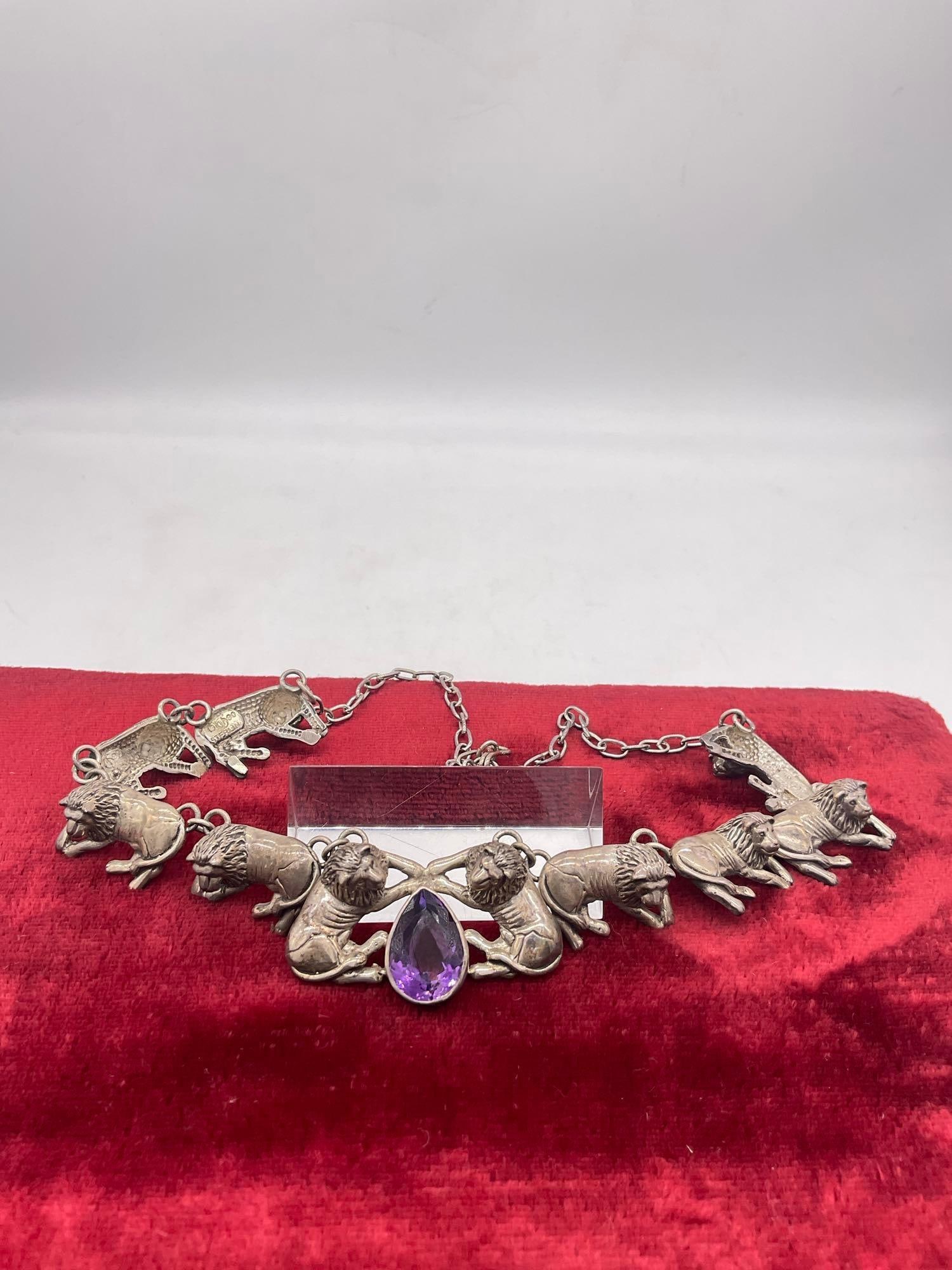 Amazing 1990 Carol Felley Sterling silver Lion statement necklace with amethyst glass pendant - 3